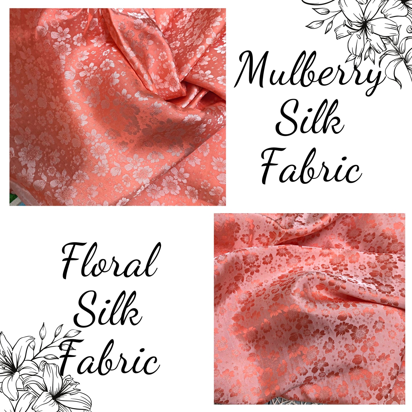 PURE MULBERRY SILK fabric by the yard - Light orange silk fabric - Floral silk - Handmade fabric ā Dress making ā Silk for sewing - Gift for women