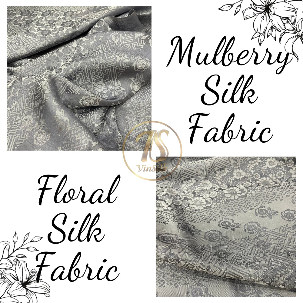 PATTERN MULBERRY SILK fabric by the yard - gray brocade - Handmade fabric โ Dress making โ Silk for sewing - Gift for women