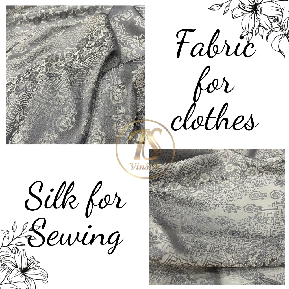 PATTERN MULBERRY SILK fabric by the yard - gray brocade - Handmade fabric โ Dress making โ Silk for sewing - Gift for women