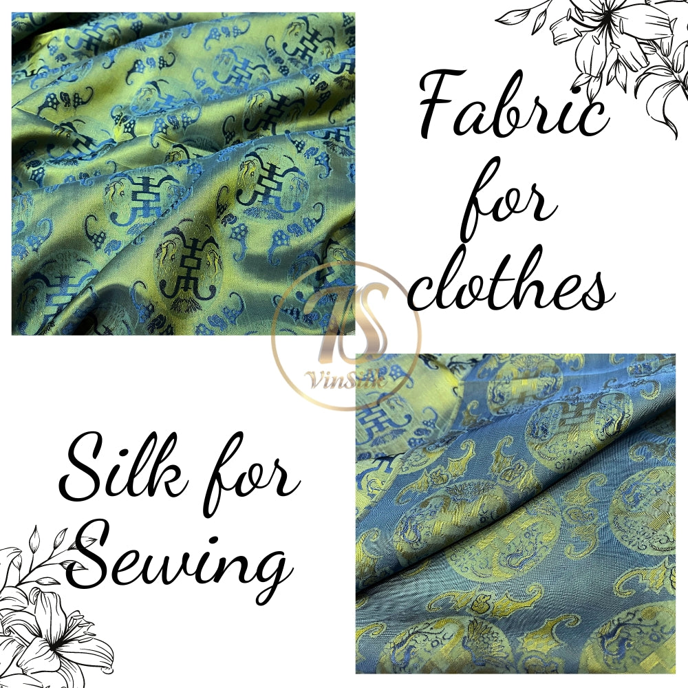 PATTERN MULBERRY SILK fabric by the yard - green yellow bat- Handmade fabric โ Dress making โ Silk for sewing - Gift for women