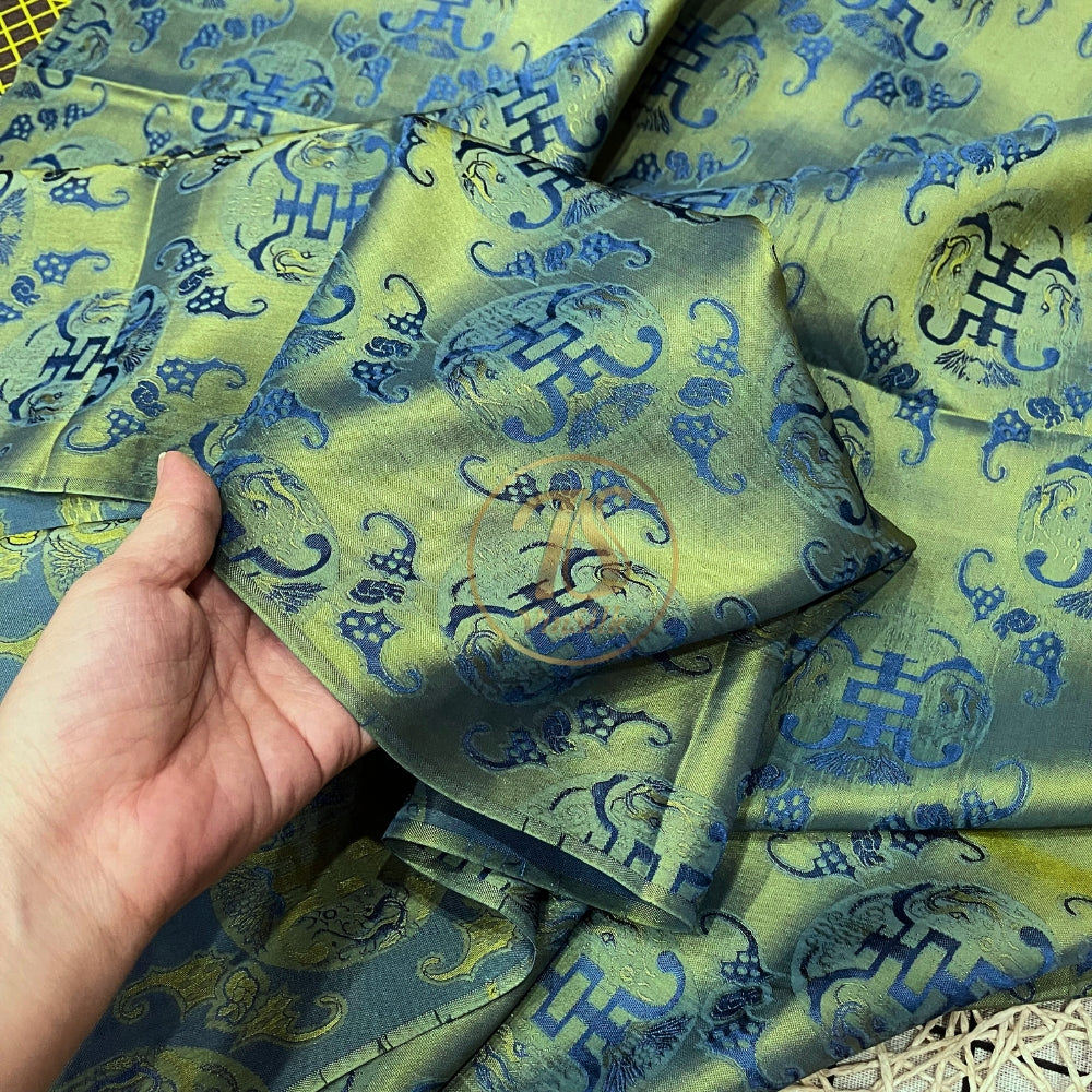 PATTERN MULBERRY SILK fabric by the yard - green yellow bat- Handmade fabric โ Dress making โ Silk for sewing - Gift for women
