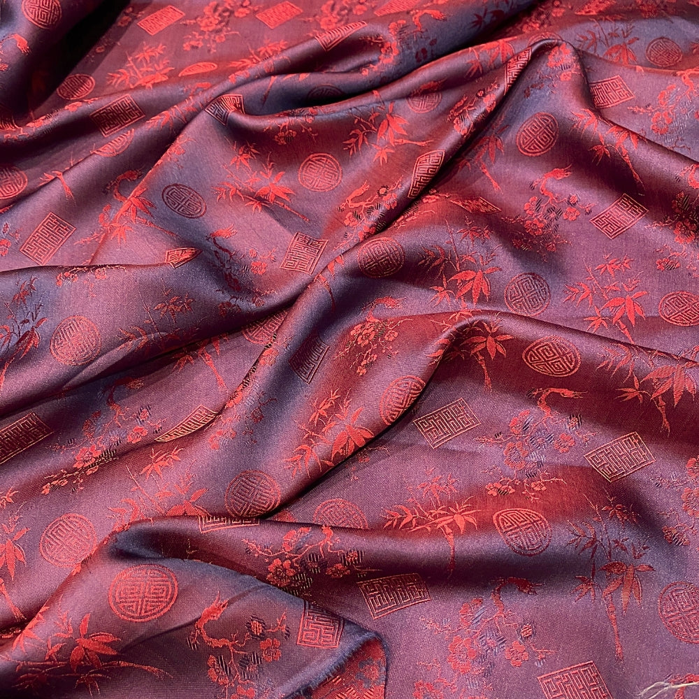 PATTERN MULBERRY SILK fabric by the yard - red silk with bamboo pattern - Handmade fabric โ Dress making โ Silk for sewing - Gift for women