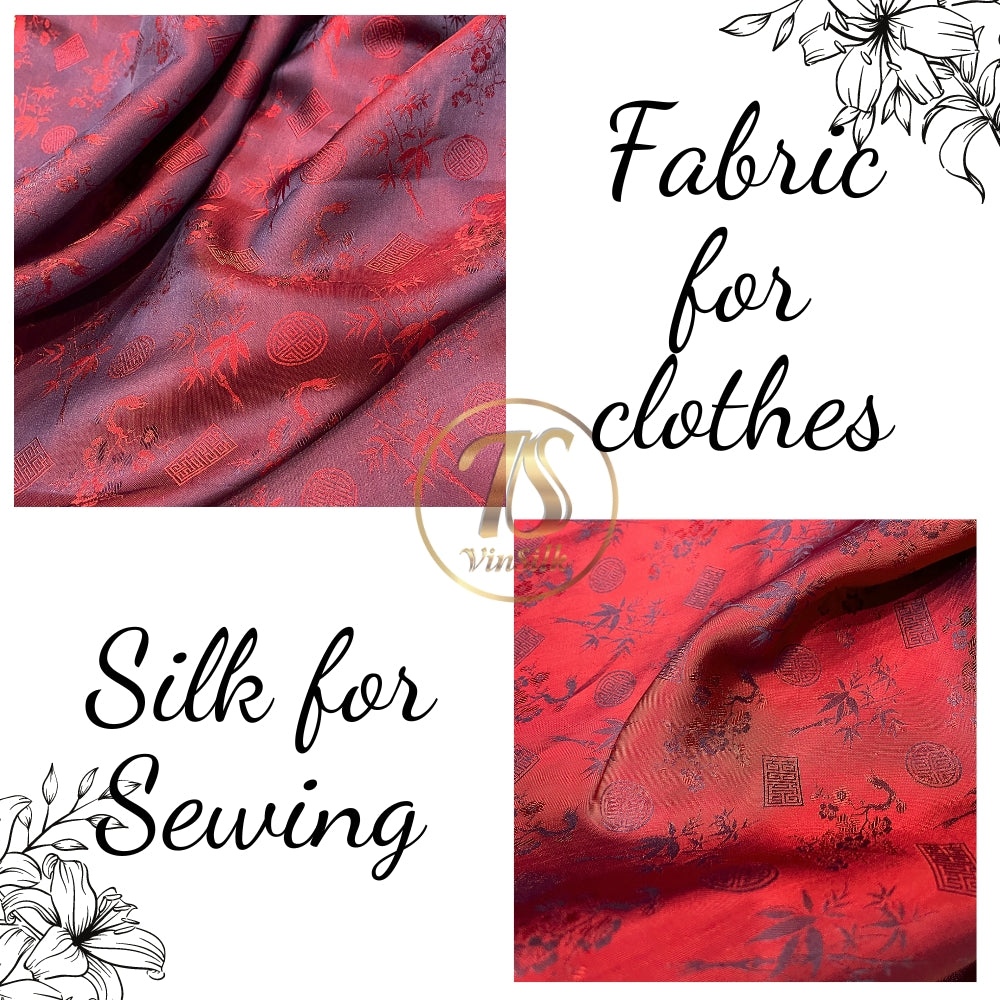 PATTERN MULBERRY SILK fabric by the yard - red silk with bamboo pattern - Handmade fabric โ Dress making โ Silk for sewing - Gift for women