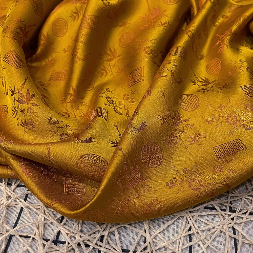 PATTERN MULBERRY SILK fabric by the yard - yellow silk with bamboo pattern - Handmade fabric โ Dress making โ Silk for sewing - Gift for women