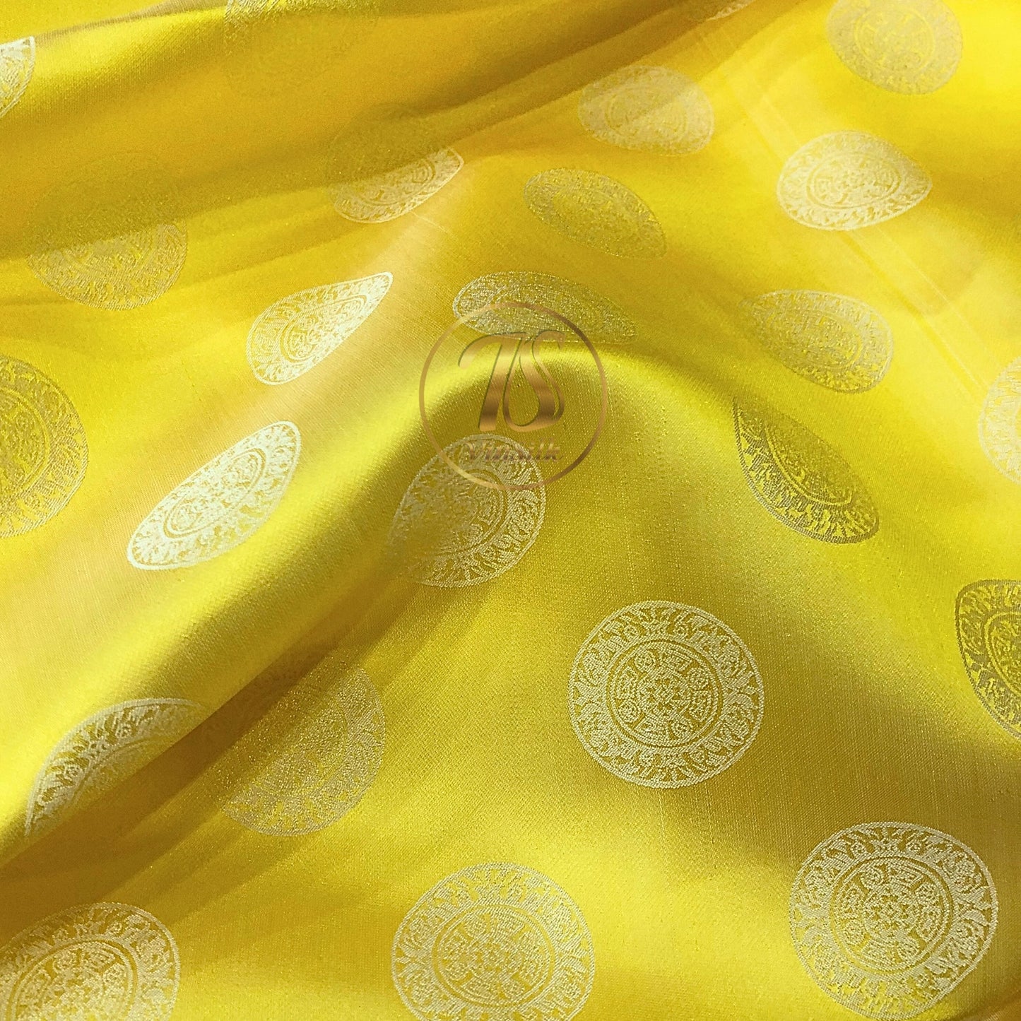 Yellow white silk fabric with mulberry Bronze drum pattern, Pure mulberry silk, Handmade fabric, Organic fiber, Vintage textile