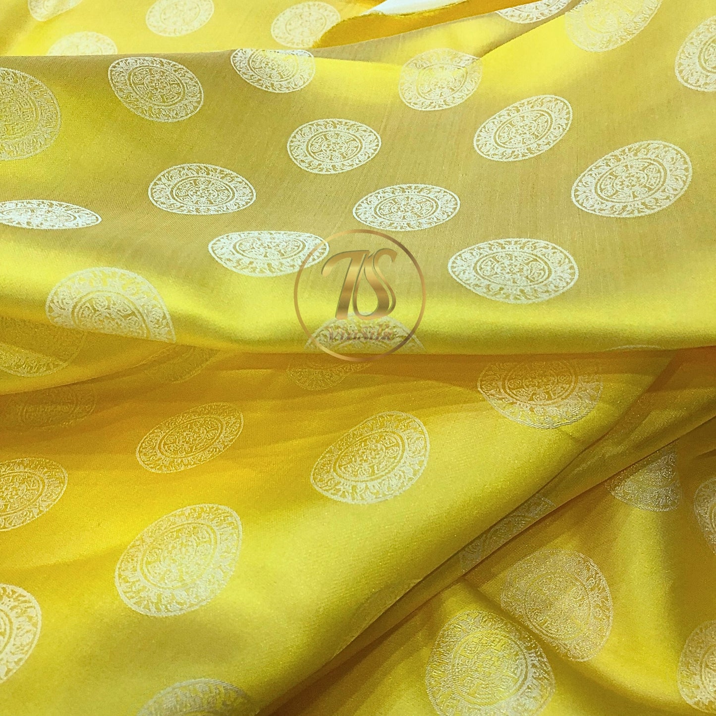 Yellow white silk fabric with mulberry Bronze drum pattern, Pure mulberry silk, Handmade fabric, Organic fiber, Vintage textile