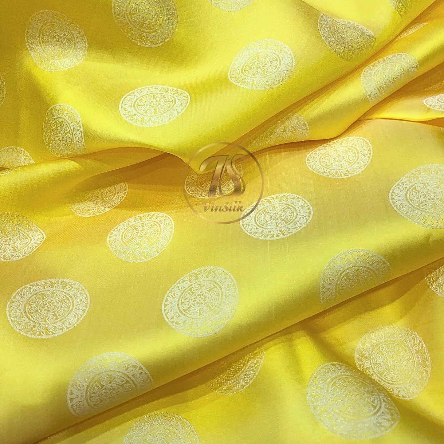 Yellow white silk fabric with mulberry Bronze drum pattern, Pure mulberry silk, Handmade fabric, Organic fiber, Vintage textile