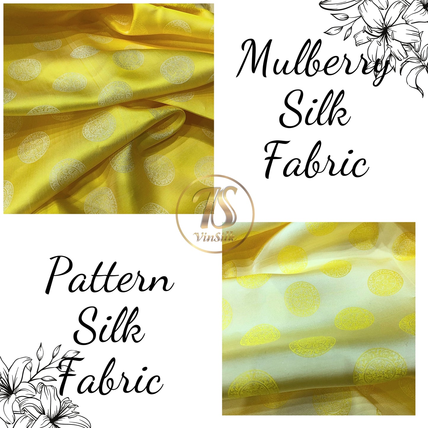 Yellow white silk fabric with mulberry Bronze drum pattern, Pure mulberry silk, Handmade fabric, Organic fiber, Vintage textile
