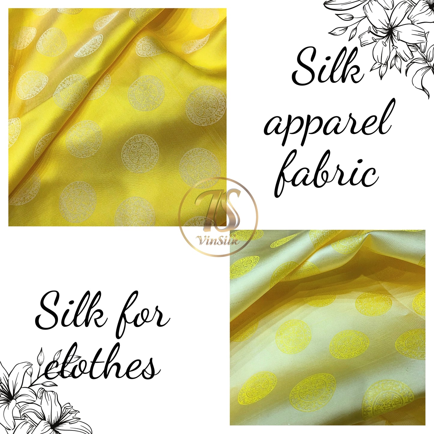 Yellow white silk fabric with mulberry Bronze drum pattern, Pure mulberry silk, Handmade fabric, Organic fiber, Vintage textile