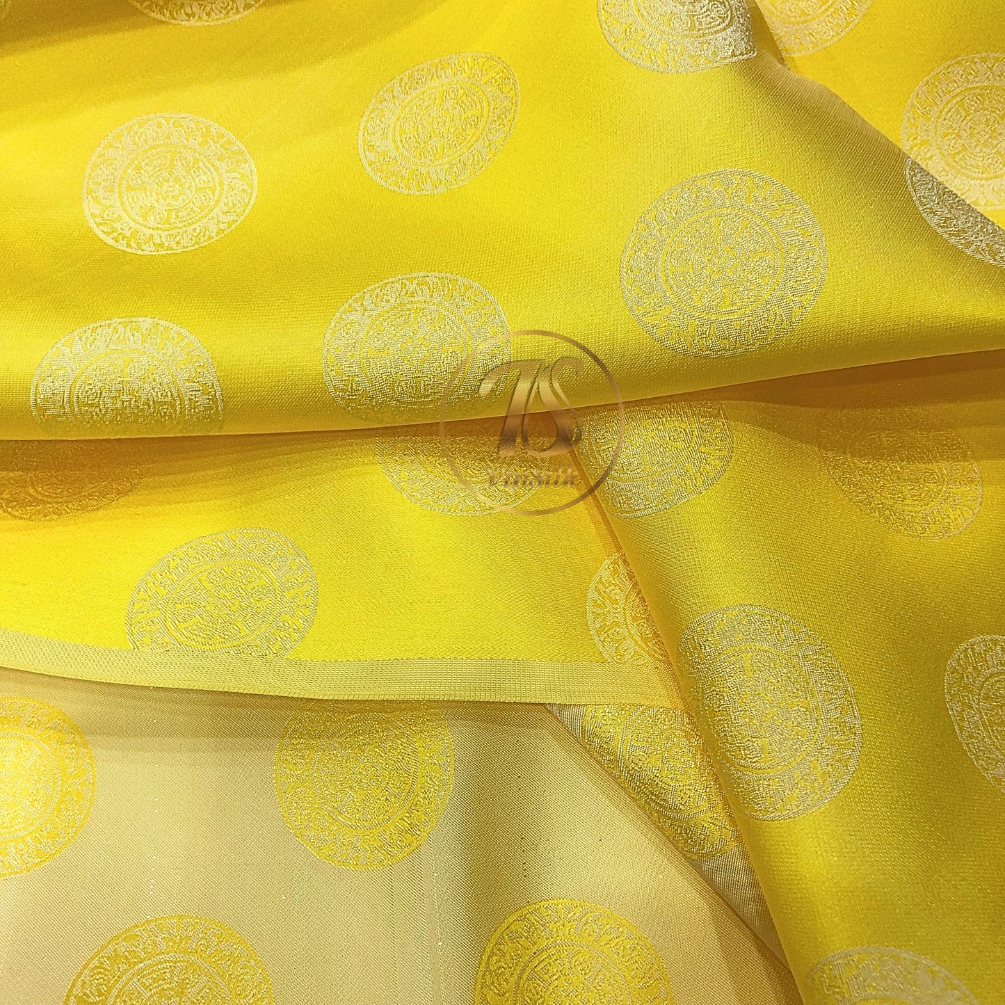 Yellow white silk fabric with mulberry Bronze drum pattern, Pure mulberry silk, Handmade fabric, Organic fiber, Vintage textile