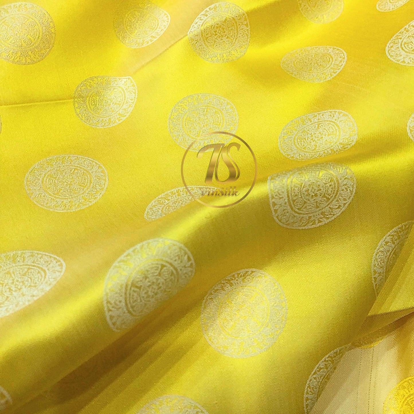 Yellow white silk fabric with mulberry Bronze drum pattern, Pure mulberry silk, Handmade fabric, Organic fiber, Vintage textile