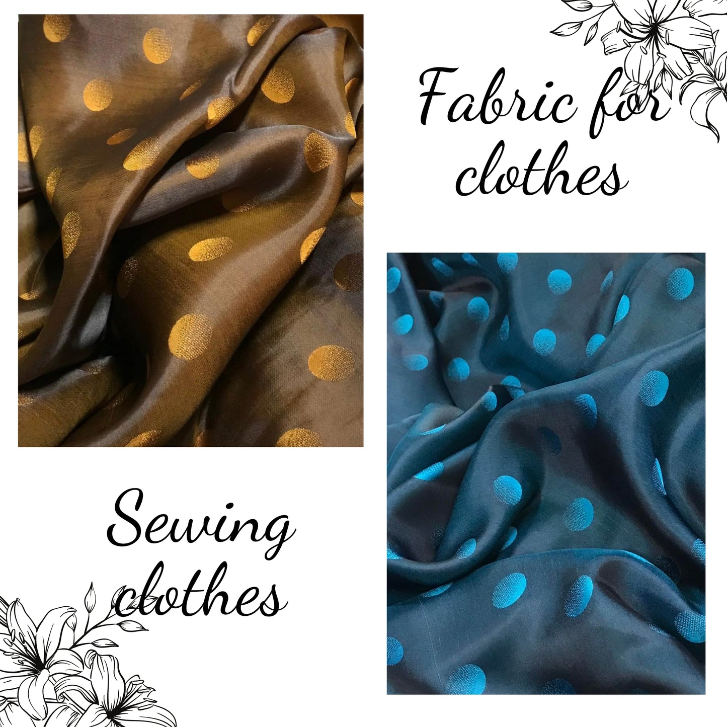 PURE MULBERRY SILK fabric by the yard - Polka dot pattern silk - Handmade silk – Dress making – Silk for sewing - Gift for her