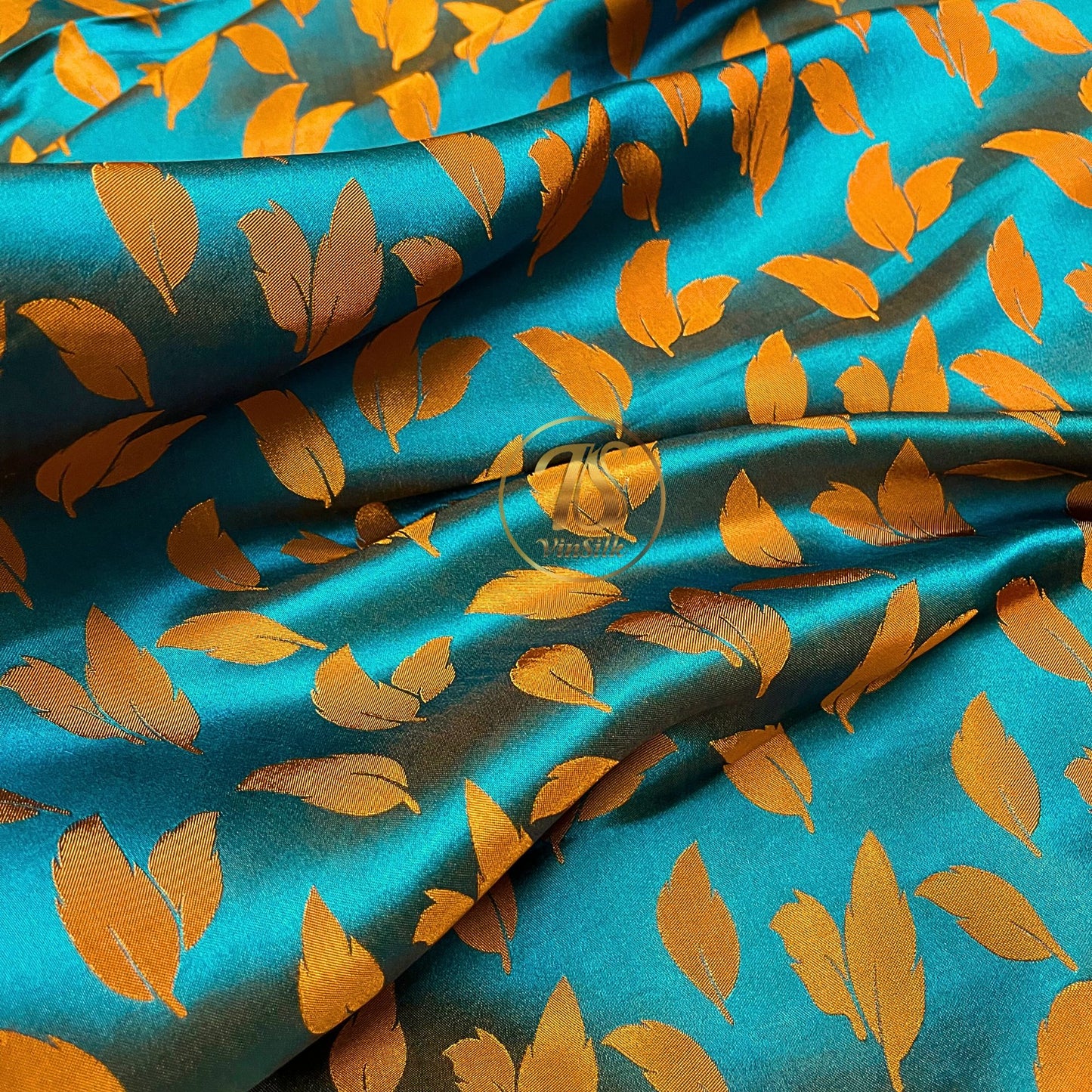 Blue silk fabric with mulberry orange leaves pattern, Pure mulberry silk, Handmade fabric, Organic fiber, Vintage textile