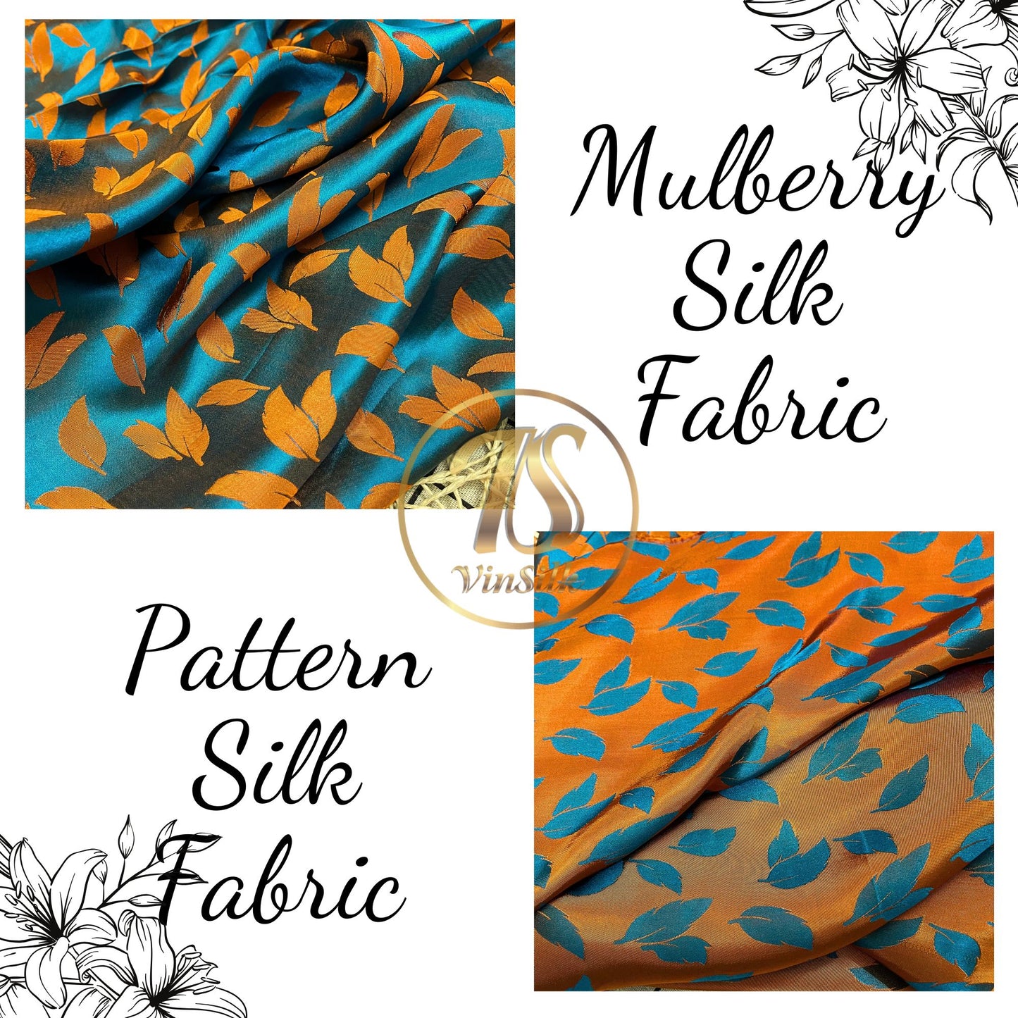 Blue silk fabric with mulberry orange leaves pattern, Pure mulberry silk, Handmade fabric, Organic fiber, Vintage textile