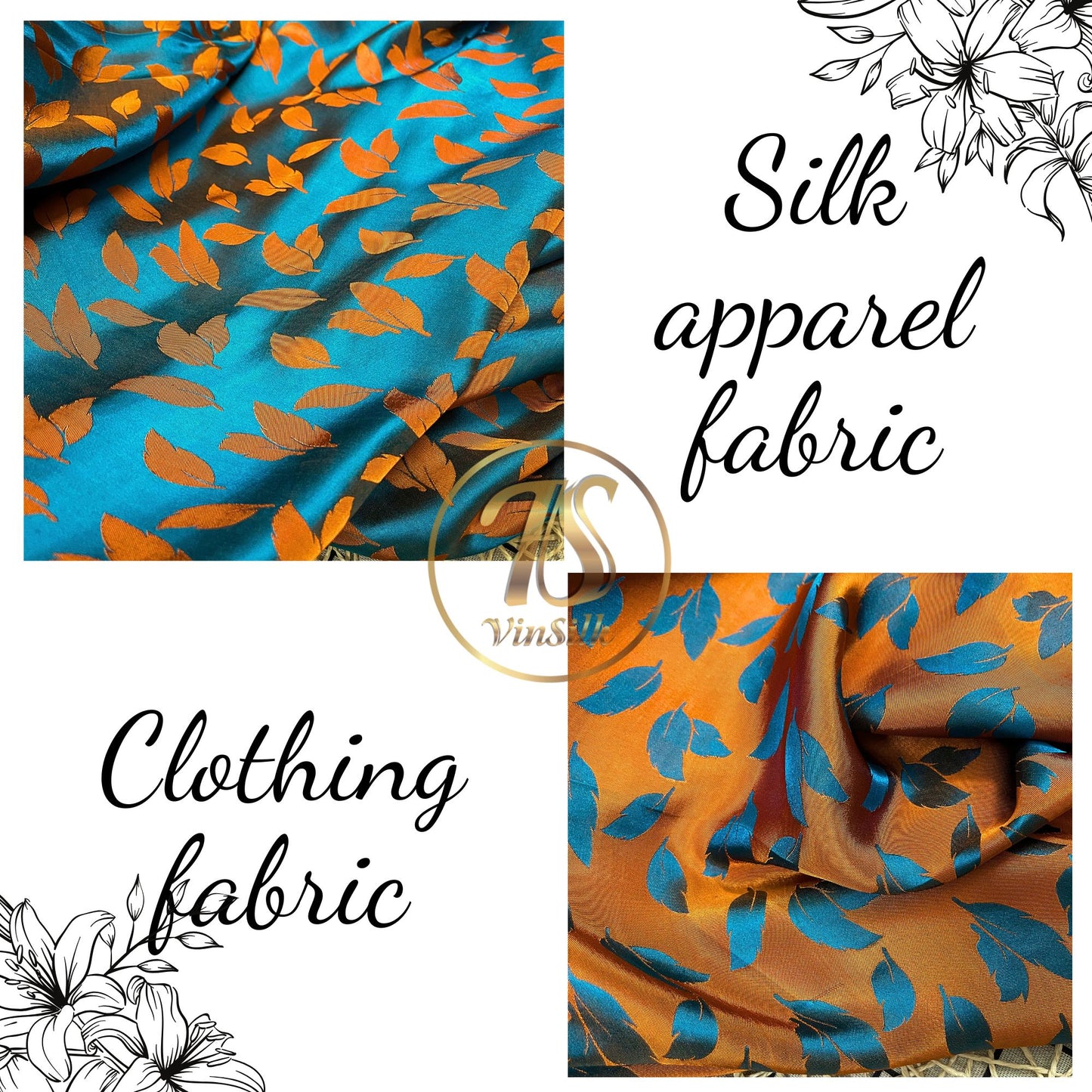 Blue silk fabric with mulberry orange leaves pattern, Pure mulberry silk, Handmade fabric, Organic fiber, Vintage textile