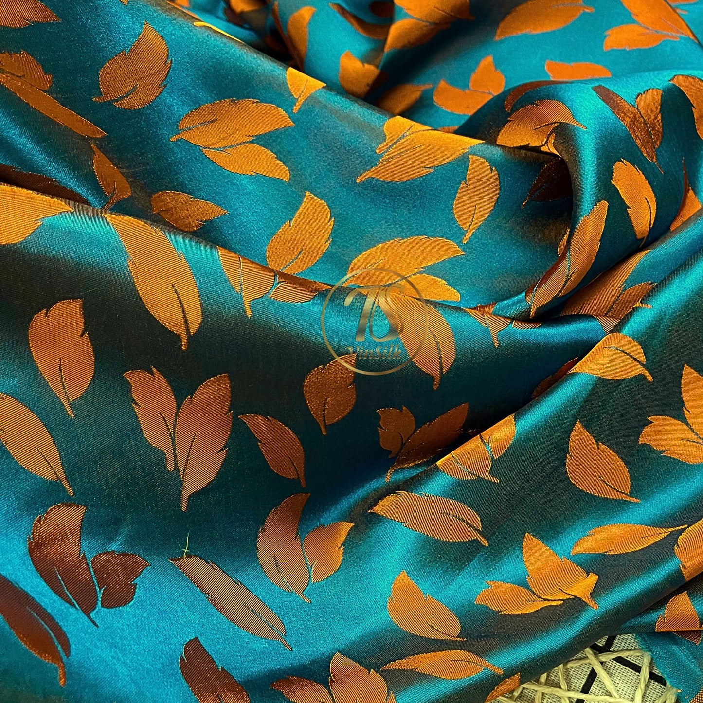 Blue silk fabric with mulberry orange leaves pattern, Pure mulberry silk, Handmade fabric, Organic fiber, Vintage textile
