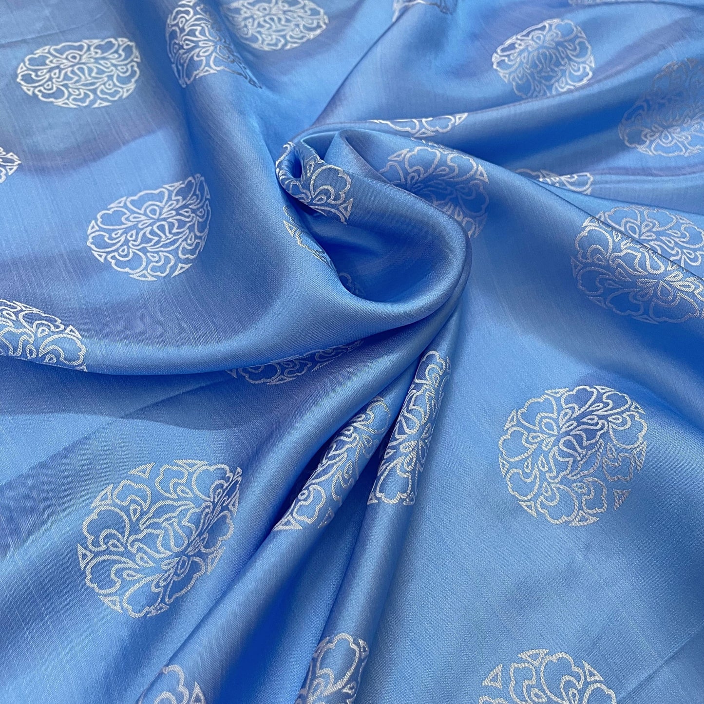 PURE MULBERRY SILK fabric by the yard, blue and white stone lotus silk, Vintage textile, handmade fabric,, Gift for women, Personalized gift.