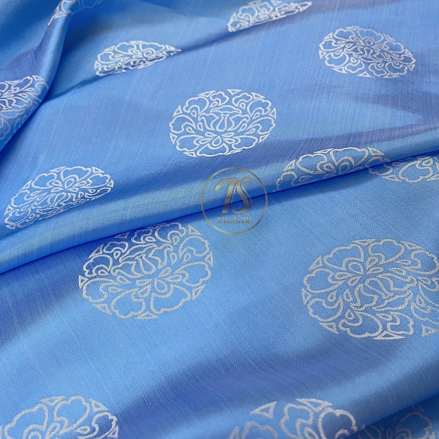 PURE MULBERRY SILK fabric by the yard, blue and white stone lotus silk, Vintage textile, handmade fabric,, Gift for women, Personalized gift.