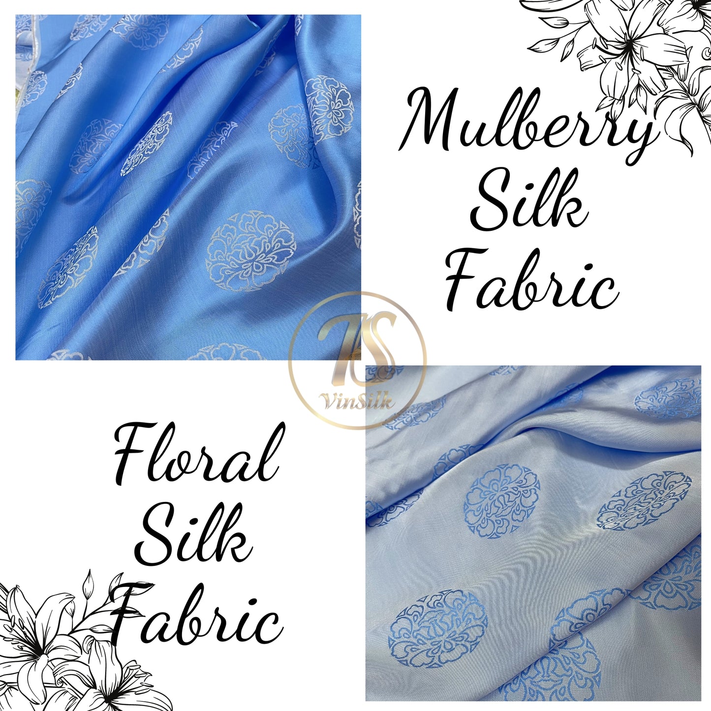 PURE MULBERRY SILK fabric by the yard, blue and white stone lotus silk, Vintage textile, handmade fabric,, Gift for women, Personalized gift.