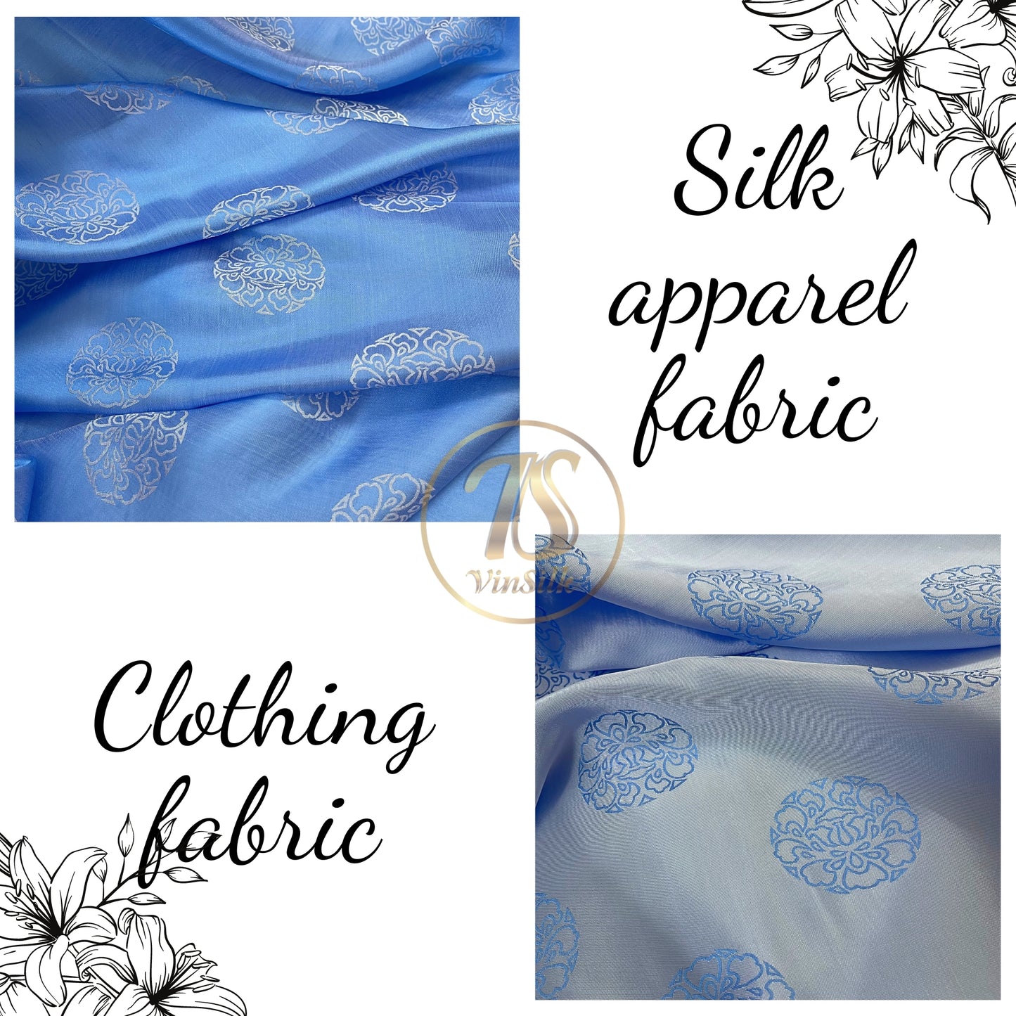 PURE MULBERRY SILK fabric by the yard, blue and white stone lotus silk, Vintage textile, handmade fabric,, Gift for women, Personalized gift.