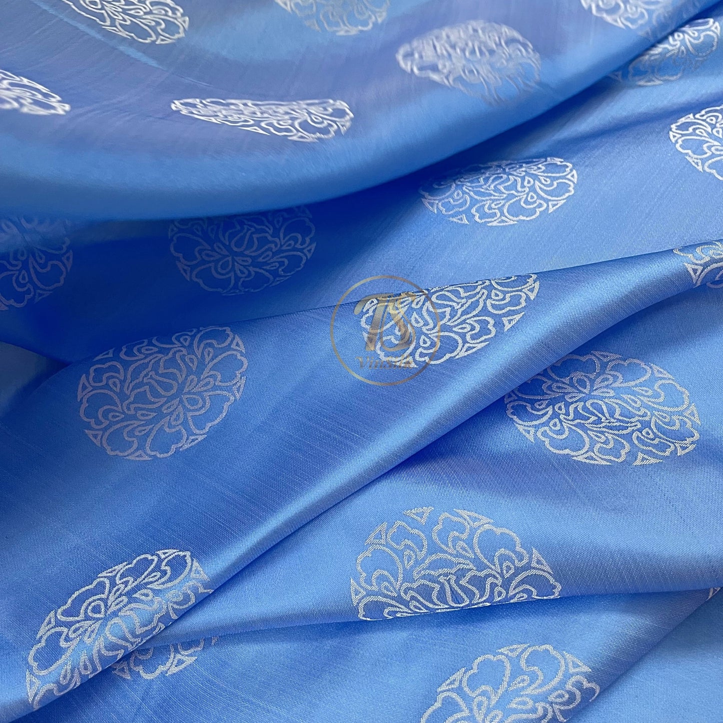 PURE MULBERRY SILK fabric by the yard, blue and white stone lotus silk, Vintage textile, handmade fabric,, Gift for women, Personalized gift.