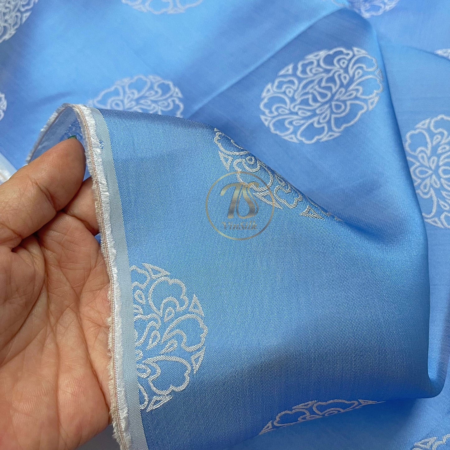 PURE MULBERRY SILK fabric by the yard, blue and white stone lotus silk, Vintage textile, handmade fabric,, Gift for women, Personalized gift.