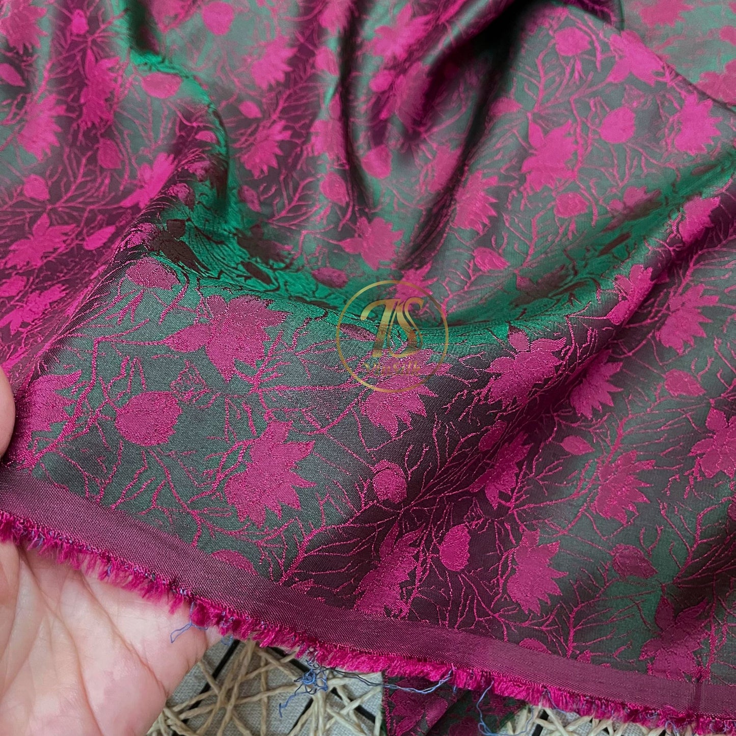 PURE MULBERRY SILK fabric by the yard, Blue & pink stone lotus silk, handmade fabric, Organic fiber, Vintage textile, Wedding dress