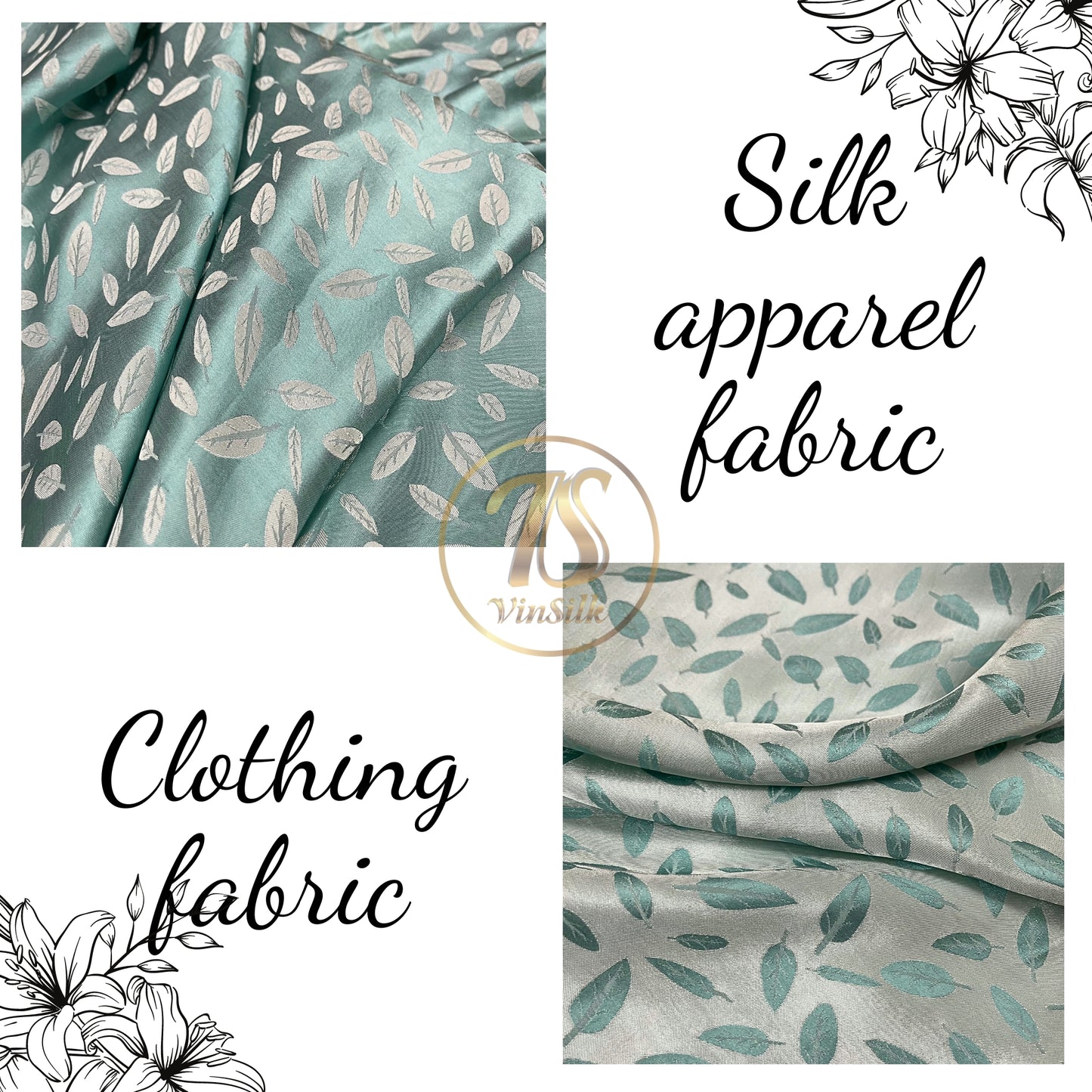 blue silk fabric with mulberry white leaves pattern, Pure mulberry silk, Handmade fabric, Organic fiber, Vintage textile