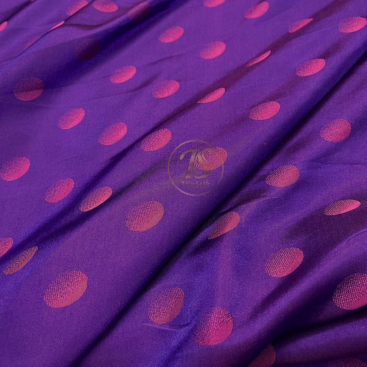 Purple fabric with mulberry pink polka dots pattern, Pure mulberry silk, Handmade fabric, Organic fiber