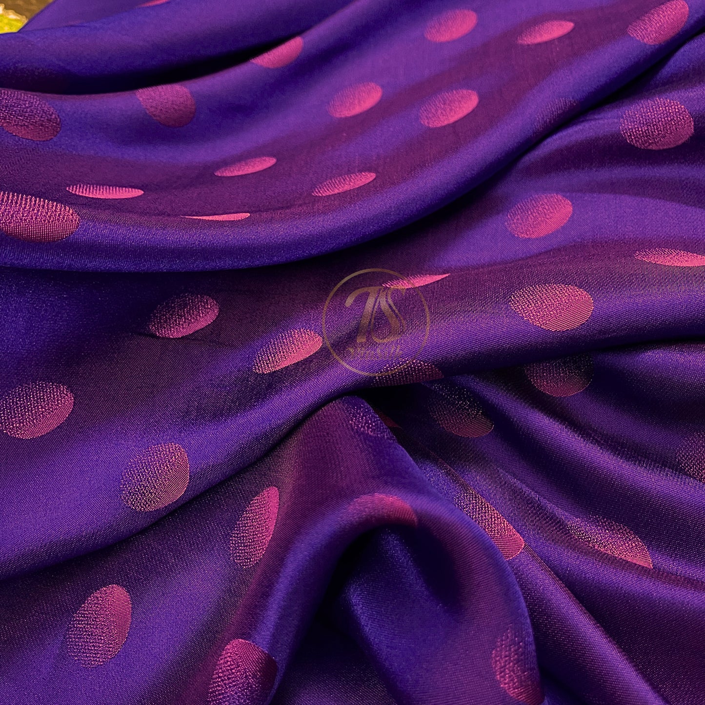 Purple fabric with mulberry pink polka dots pattern, Pure mulberry silk, Handmade fabric, Organic fiber