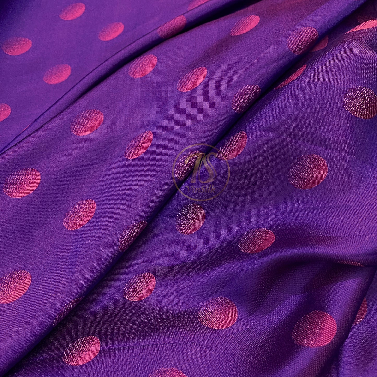 Purple fabric with mulberry pink polka dots pattern, Pure mulberry silk, Handmade fabric, Organic fiber