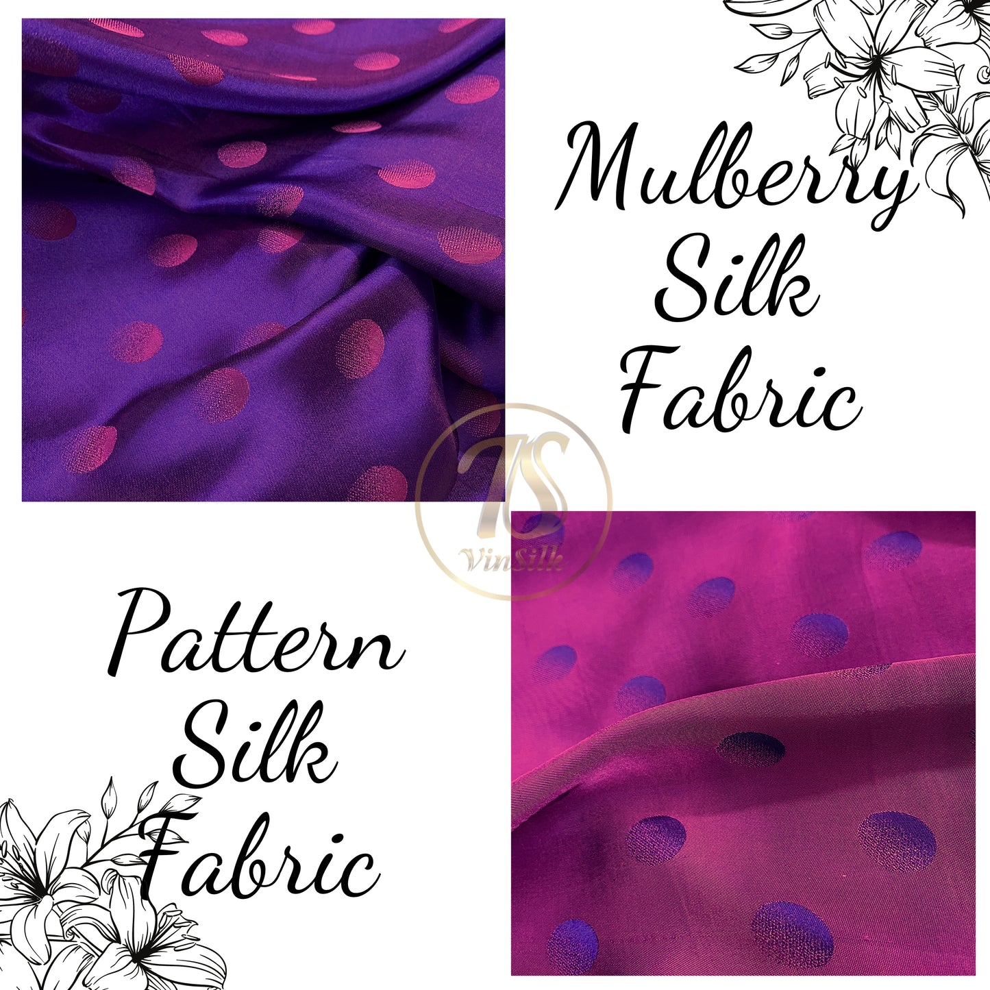 Purple fabric with mulberry pink polka dots pattern, Pure mulberry silk, Handmade fabric, Organic fiber
