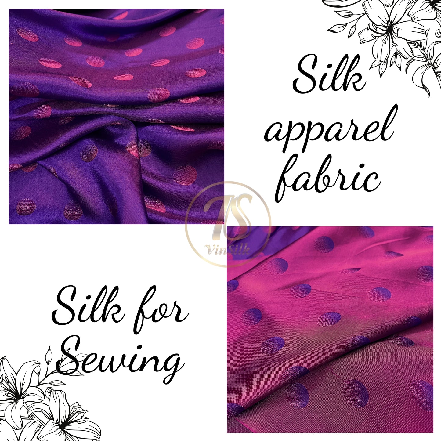 Purple fabric with mulberry pink polka dots pattern, Pure mulberry silk, Handmade fabric, Organic fiber