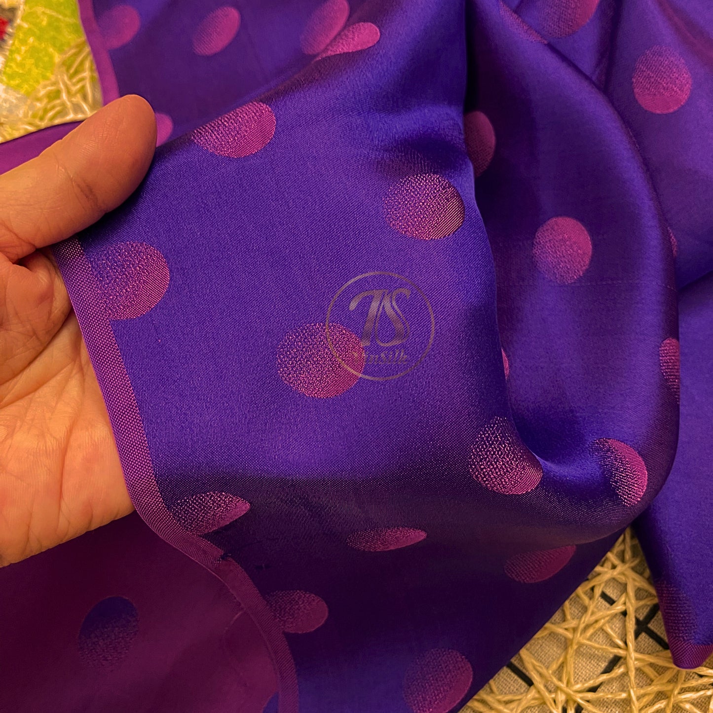 Purple fabric with mulberry pink polka dots pattern, Pure mulberry silk, Handmade fabric, Organic fiber