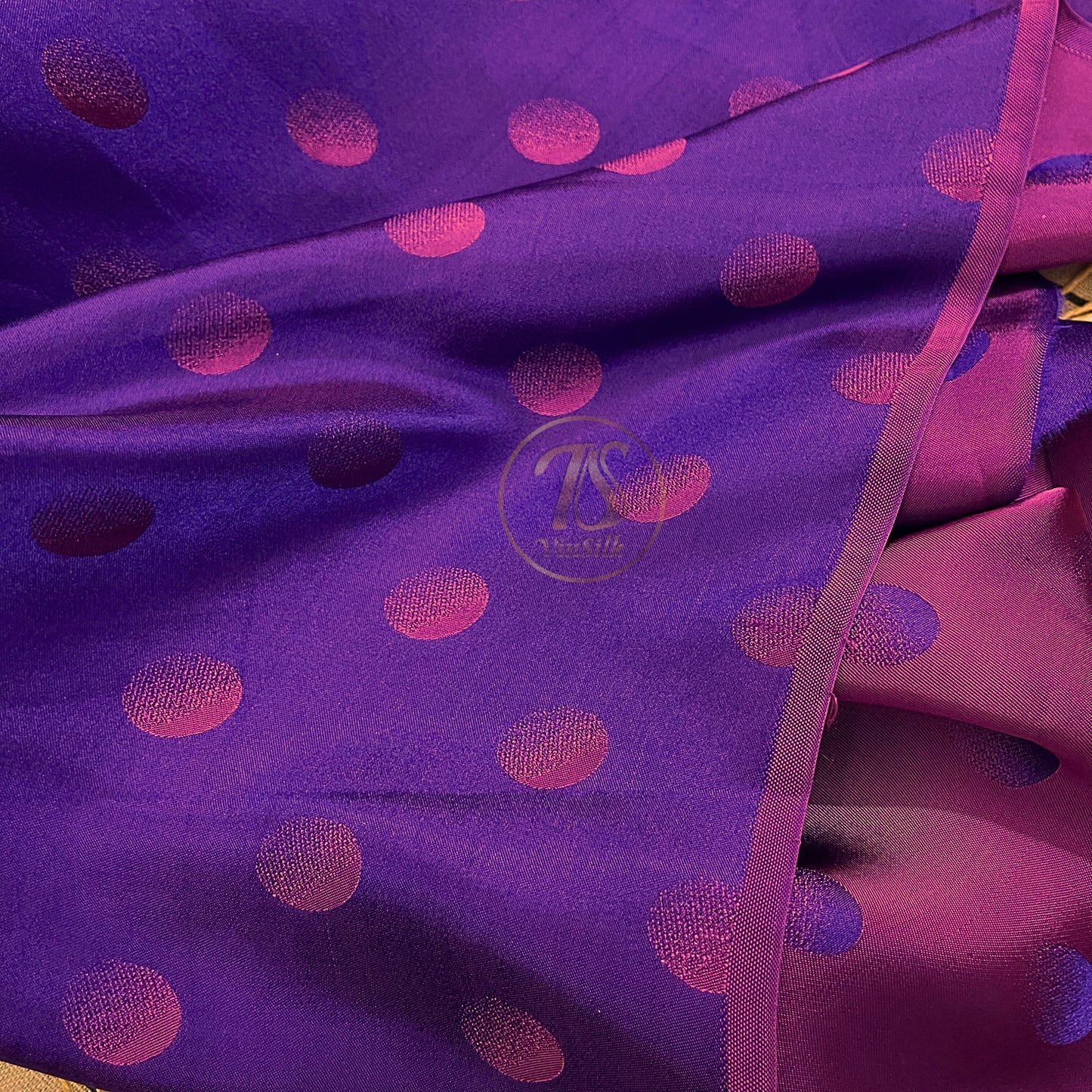 Purple fabric with mulberry pink polka dots pattern, Pure mulberry silk, Handmade fabric, Organic fiber