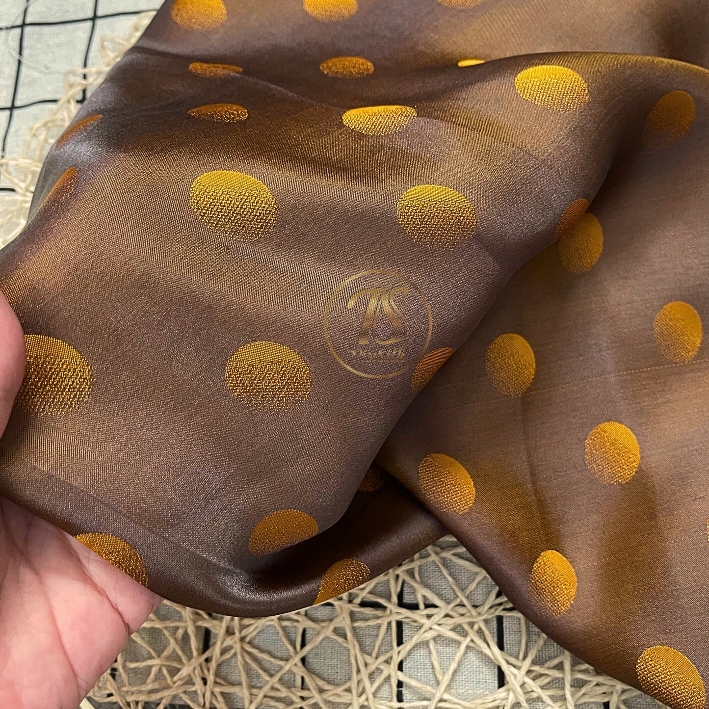 Brown fabric with mulberry Yellow polka dots pattern, Pure mulberry silk, Handmade fabric, Organic fiber