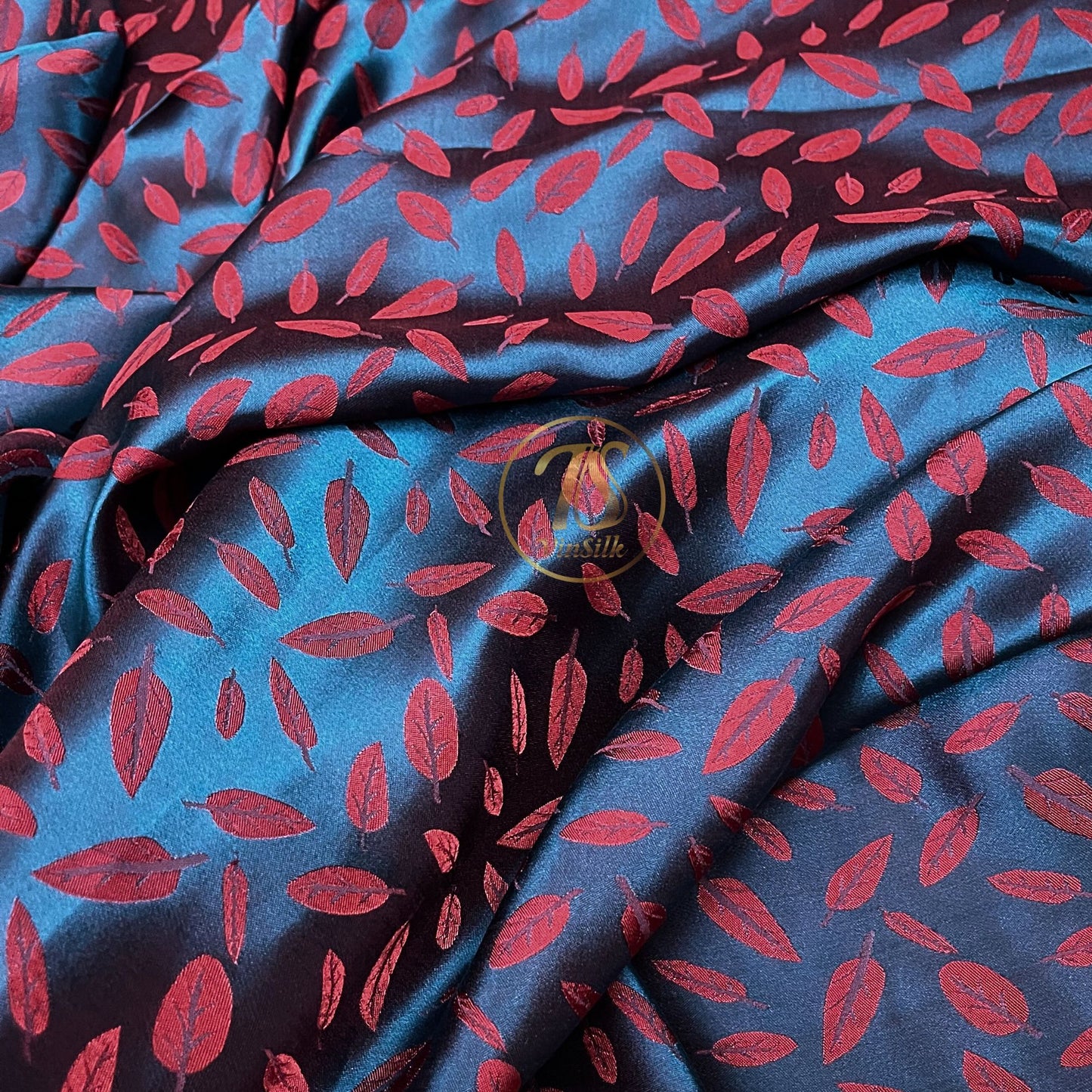 Blue silk with red leaf pattern fabric, Pure mulberry silk, Handmade fabric, Organic fiber, Vintage textile, Dress making, Gift for women, Silk dress