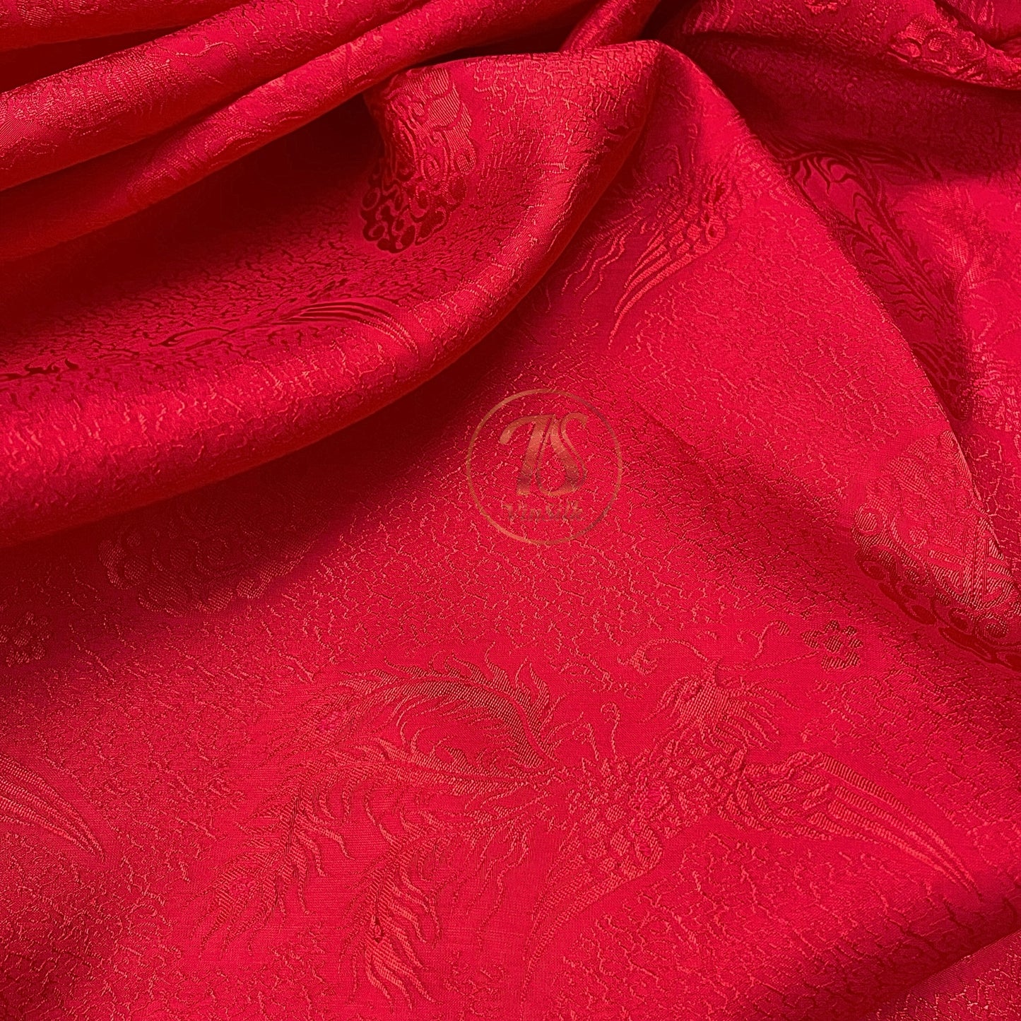 Red silk fabric with mulberry phoenix pattern, Pure mulberry silk, Handmade fabric, Organic fiber, Vintage textile