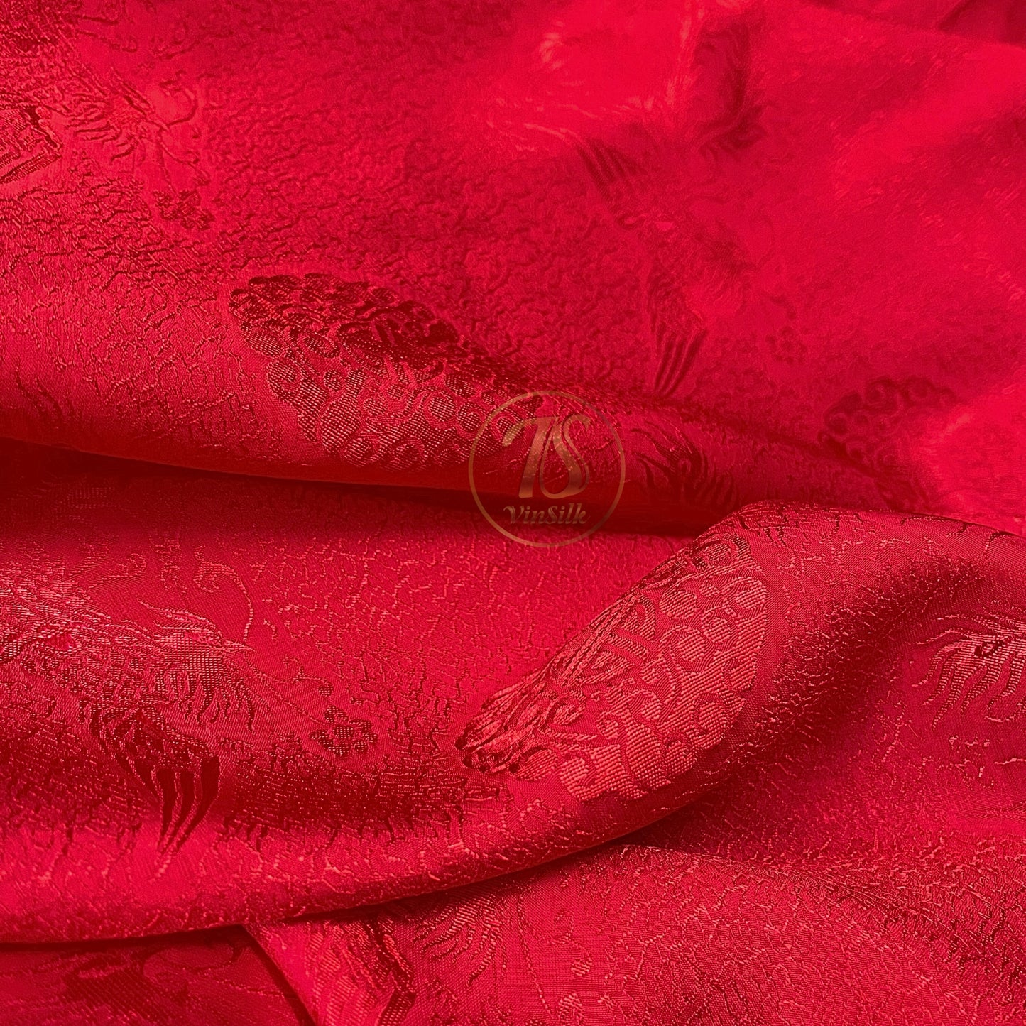 Red silk fabric with mulberry phoenix pattern, Pure mulberry silk, Handmade fabric, Organic fiber, Vintage textile
