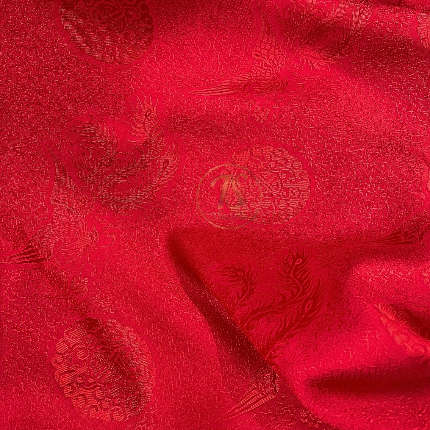 Red silk fabric with mulberry phoenix pattern, Pure mulberry silk, Handmade fabric, Organic fiber, Vintage textile