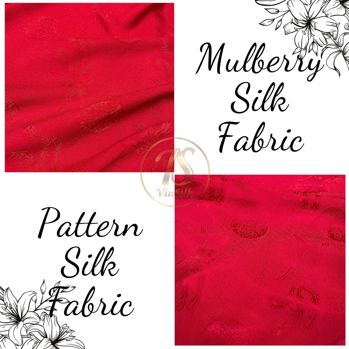 Red silk fabric with mulberry phoenix pattern, Pure mulberry silk, Handmade fabric, Organic fiber, Vintage textile