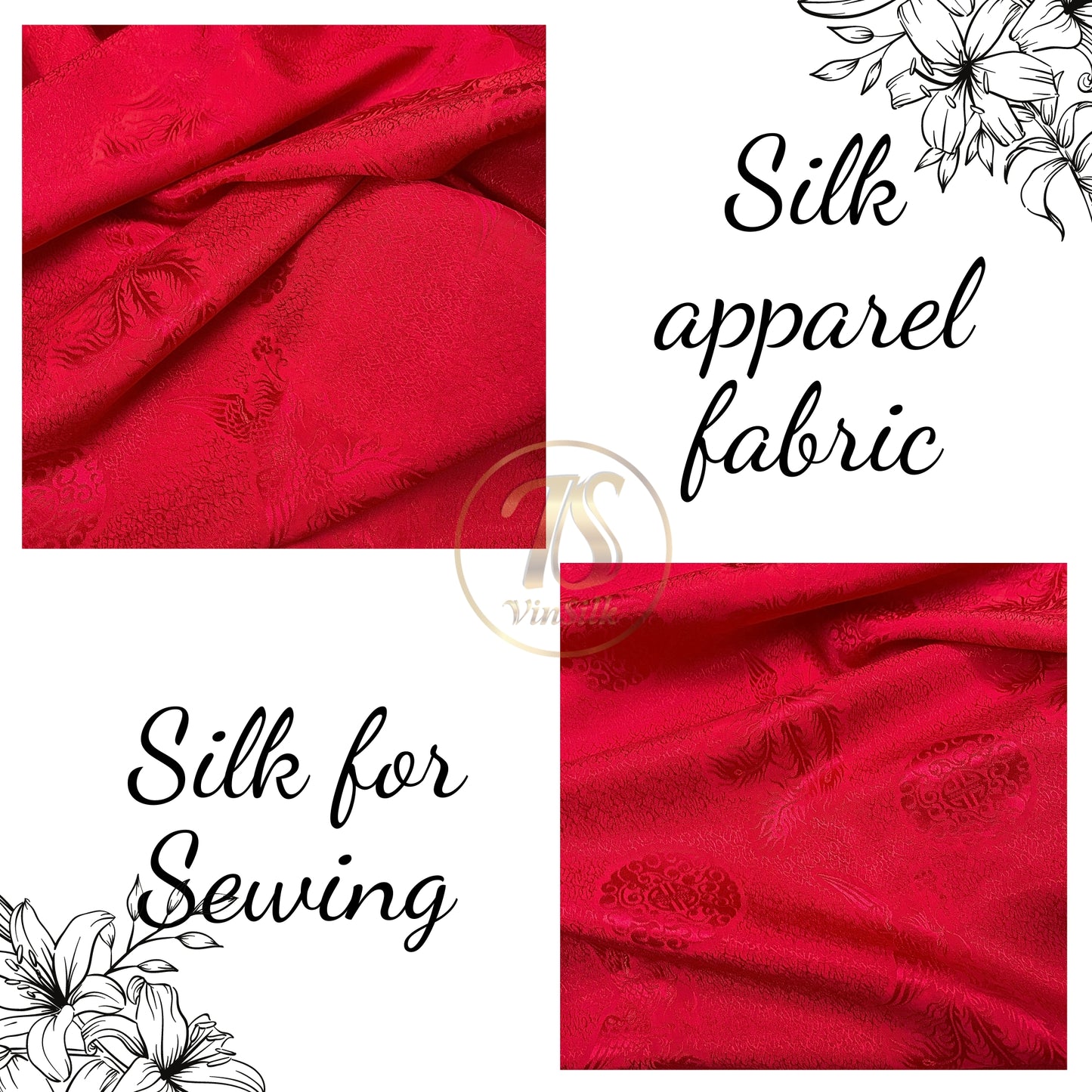 Red silk fabric with mulberry phoenix pattern, Pure mulberry silk, Handmade fabric, Organic fiber, Vintage textile