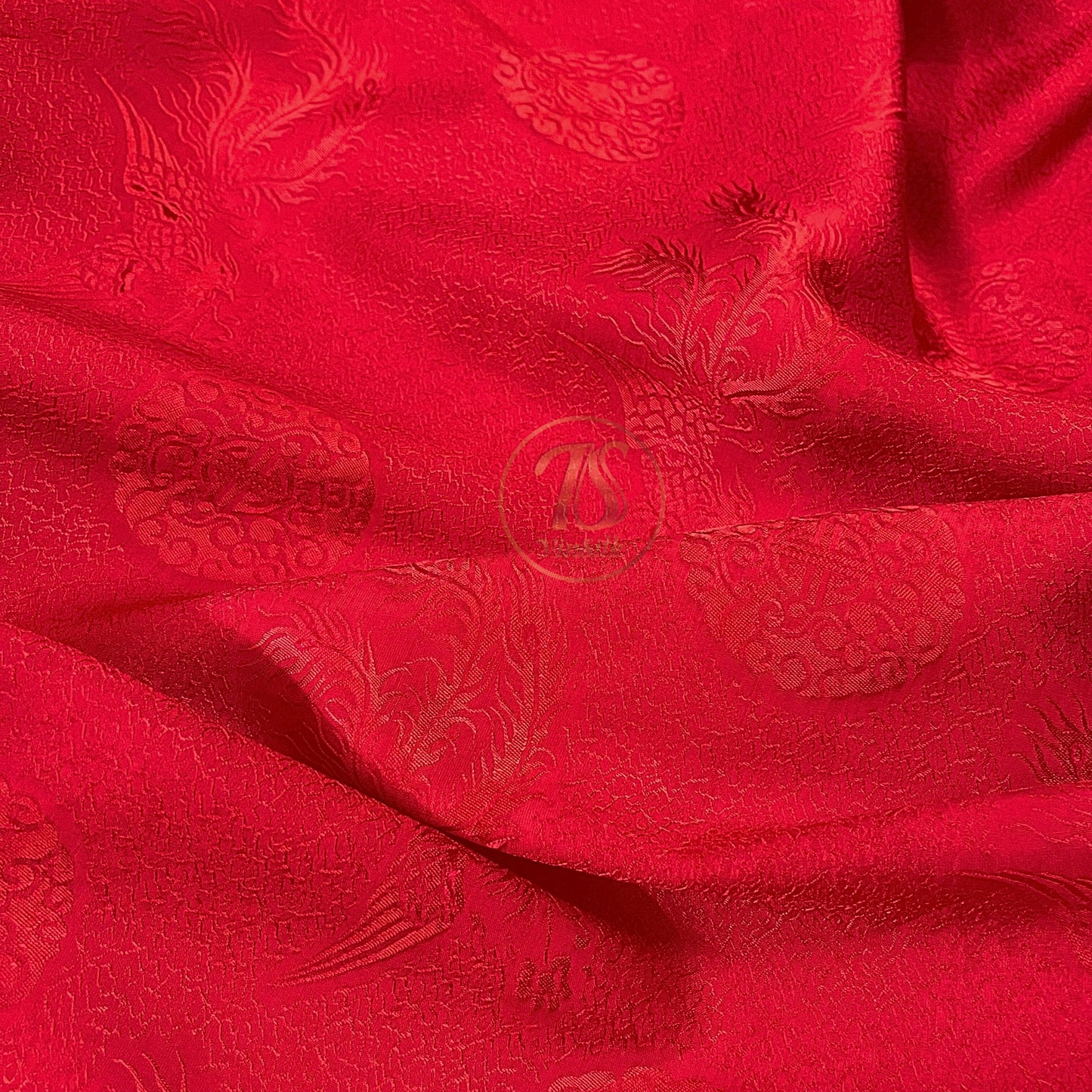 Red silk fabric with mulberry phoenix pattern, Pure mulberry silk, Handmade fabric, Organic fiber, Vintage textile