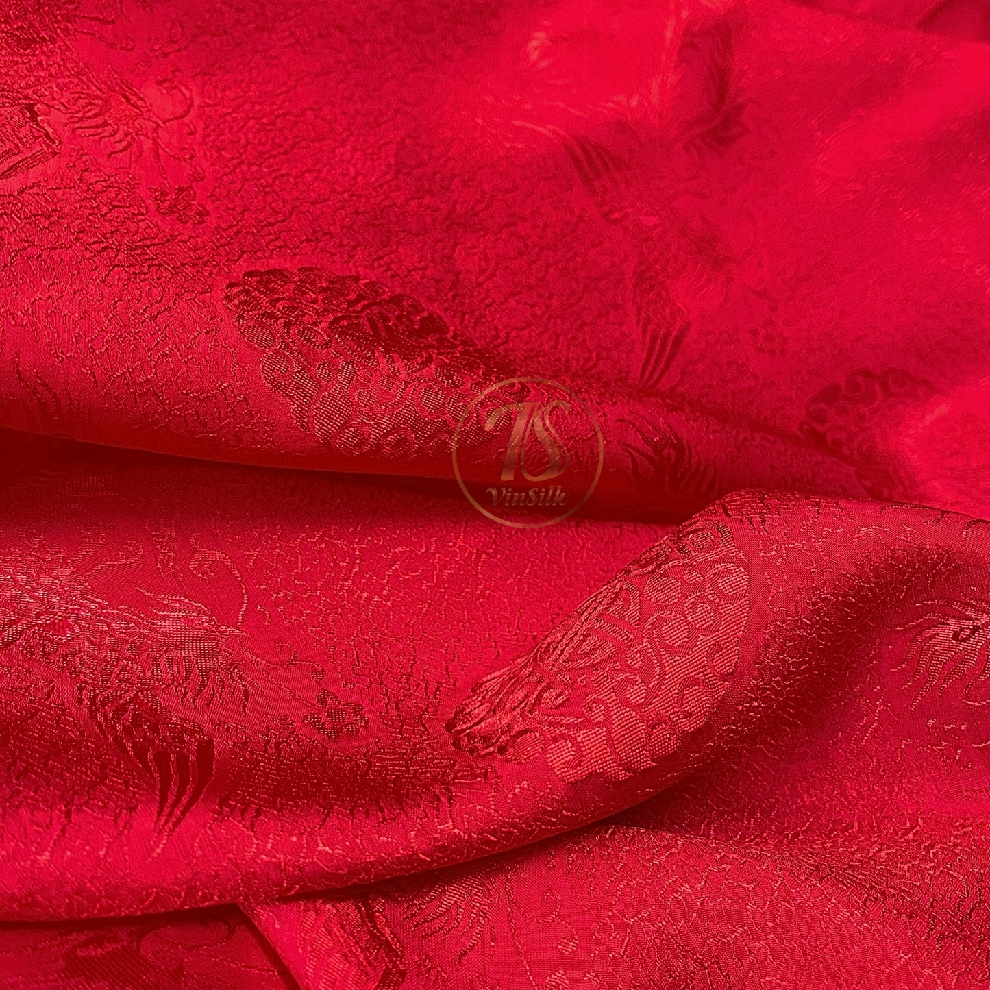 Red silk fabric with mulberry phoenix pattern, Pure mulberry silk, Handmade fabric, Organic fiber, Vintage textile