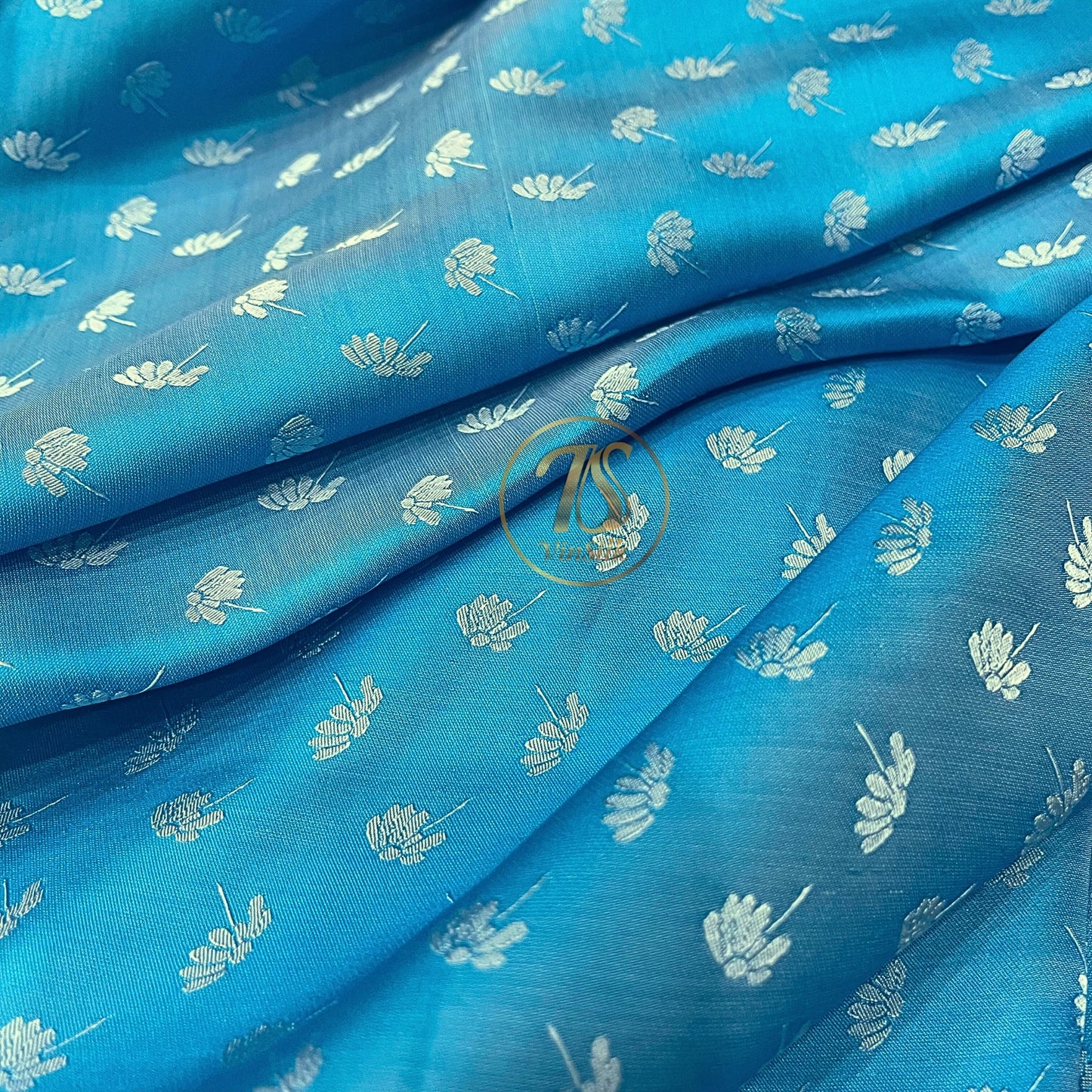 Sky blue fabric with mulberry dandelion pattern, Pure mulberry silk, Handmade fabric, Organic fiber