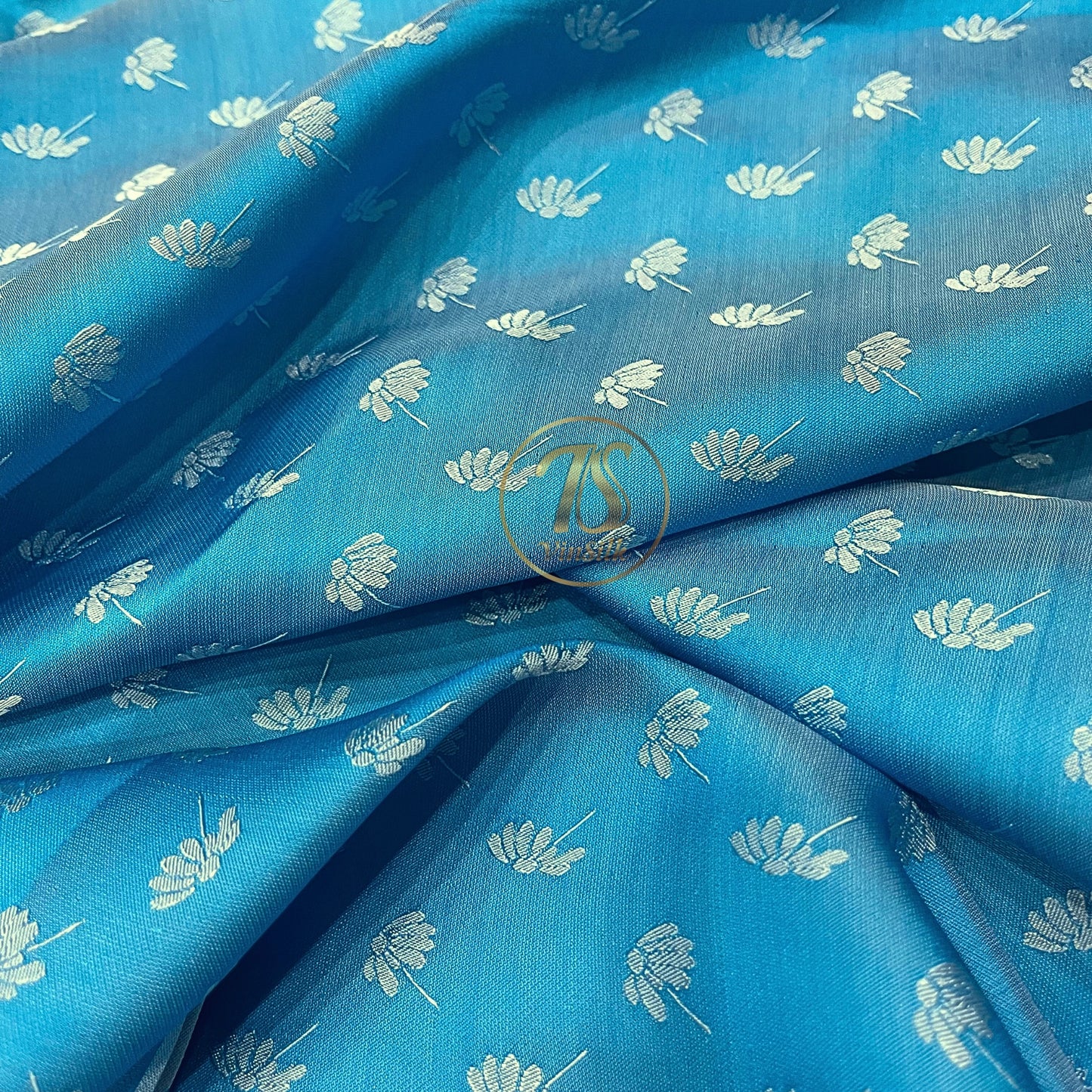 Sky blue fabric with mulberry dandelion pattern, Pure mulberry silk, Handmade fabric, Organic fiber