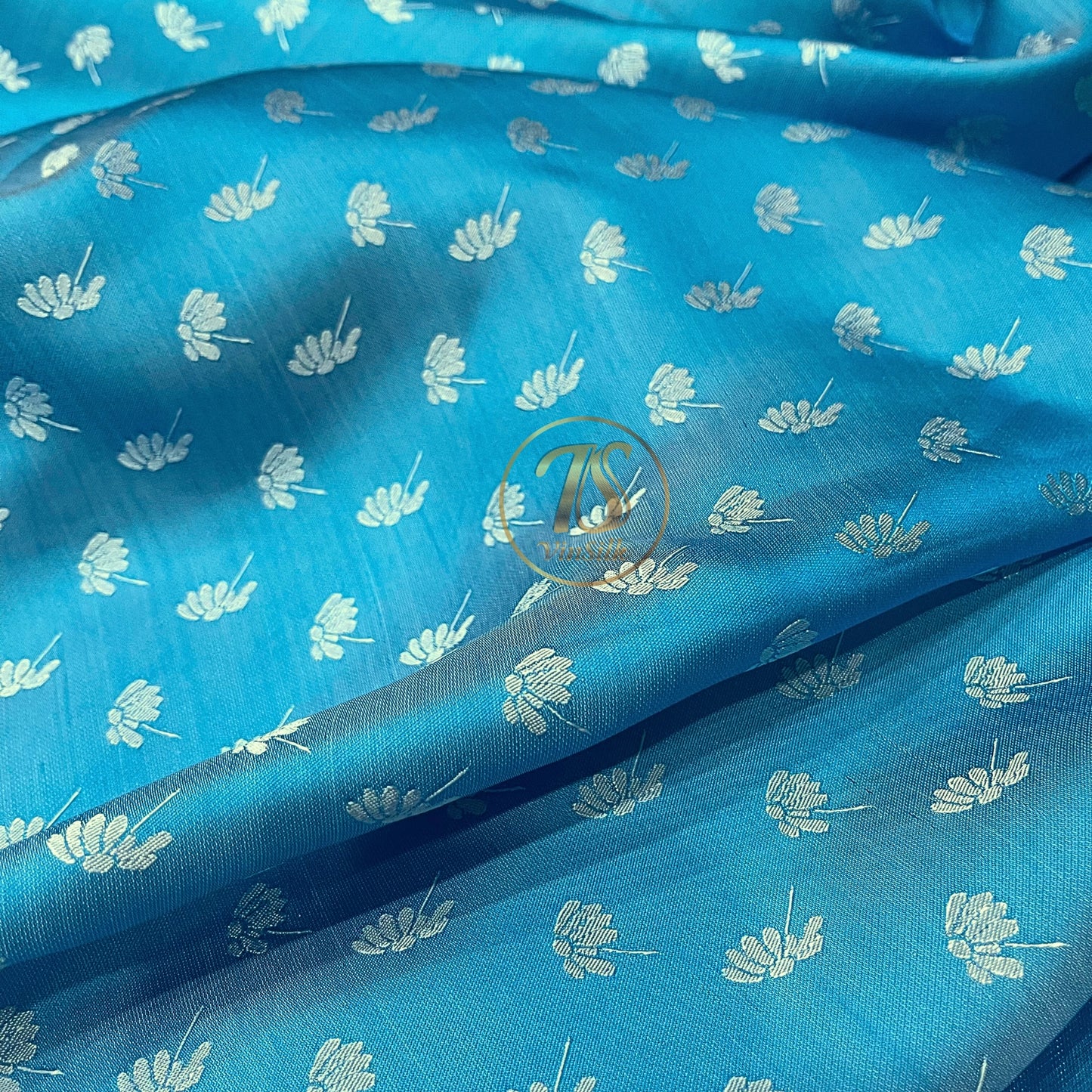 Sky blue fabric with mulberry dandelion pattern, Pure mulberry silk, Handmade fabric, Organic fiber
