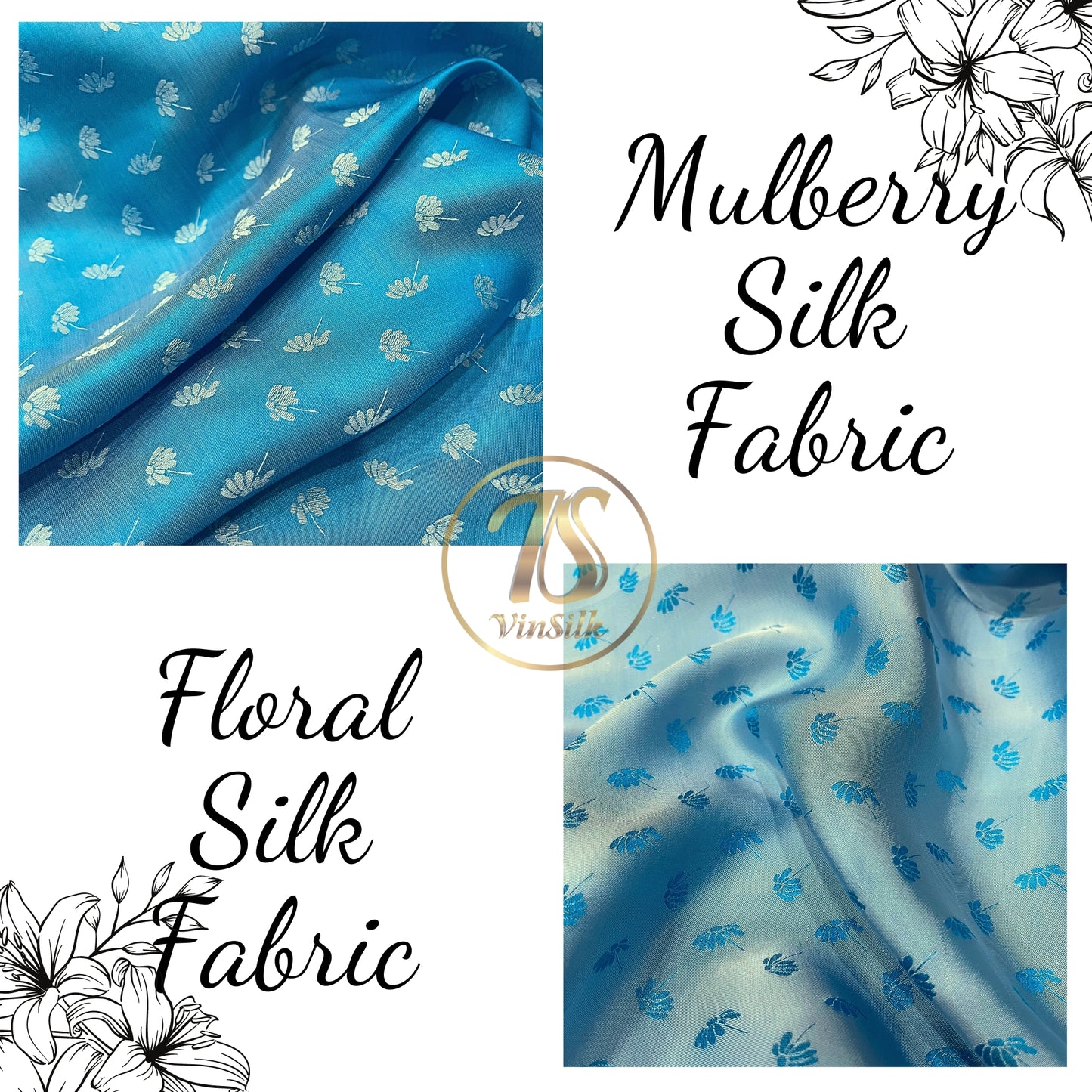 Sky blue fabric with mulberry dandelion pattern, Pure mulberry silk, Handmade fabric, Organic fiber