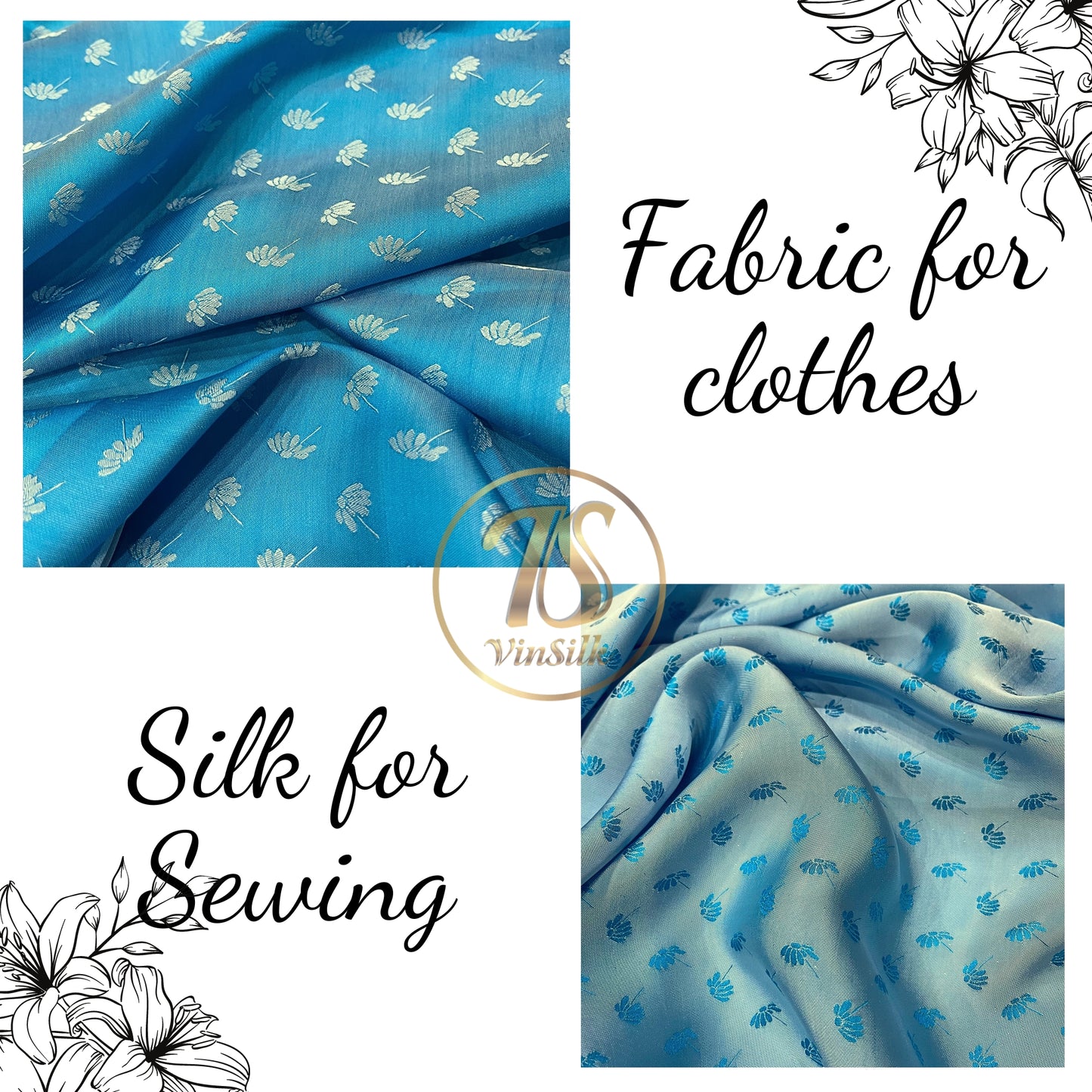 Sky blue fabric with mulberry dandelion pattern, Pure mulberry silk, Handmade fabric, Organic fiber