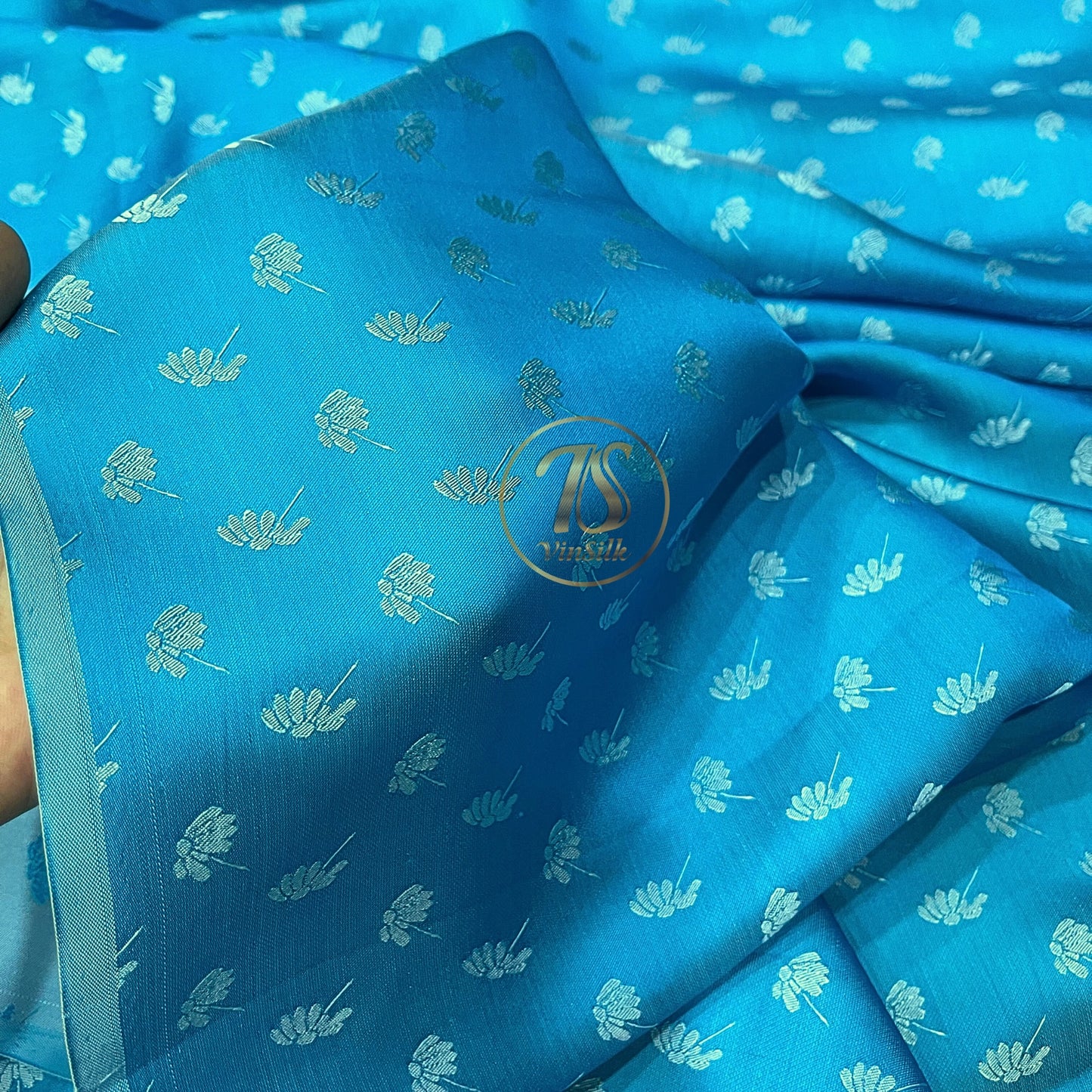 Sky blue fabric with mulberry dandelion pattern, Pure mulberry silk, Handmade fabric, Organic fiber